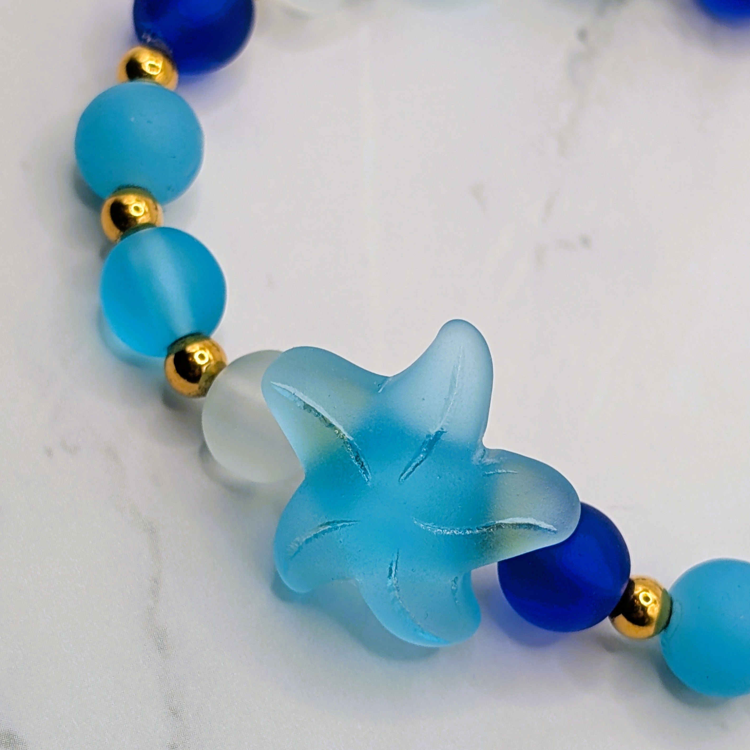 Beach glass starfish gold accent stretch bracelet, coastal boho jewelry