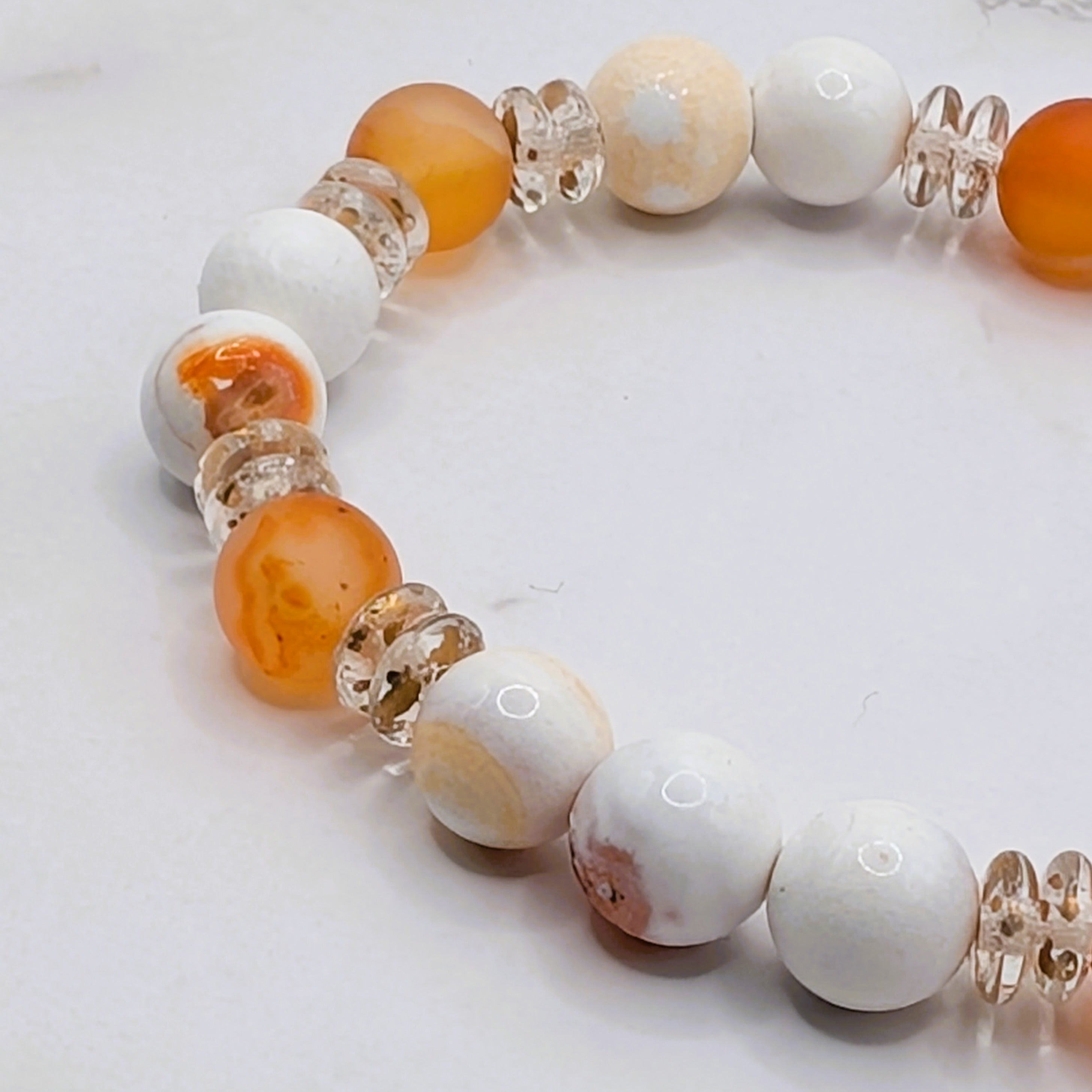 Carnelian orange blossom agate Czech glass bracelet detail, artisan gemstone jewelry