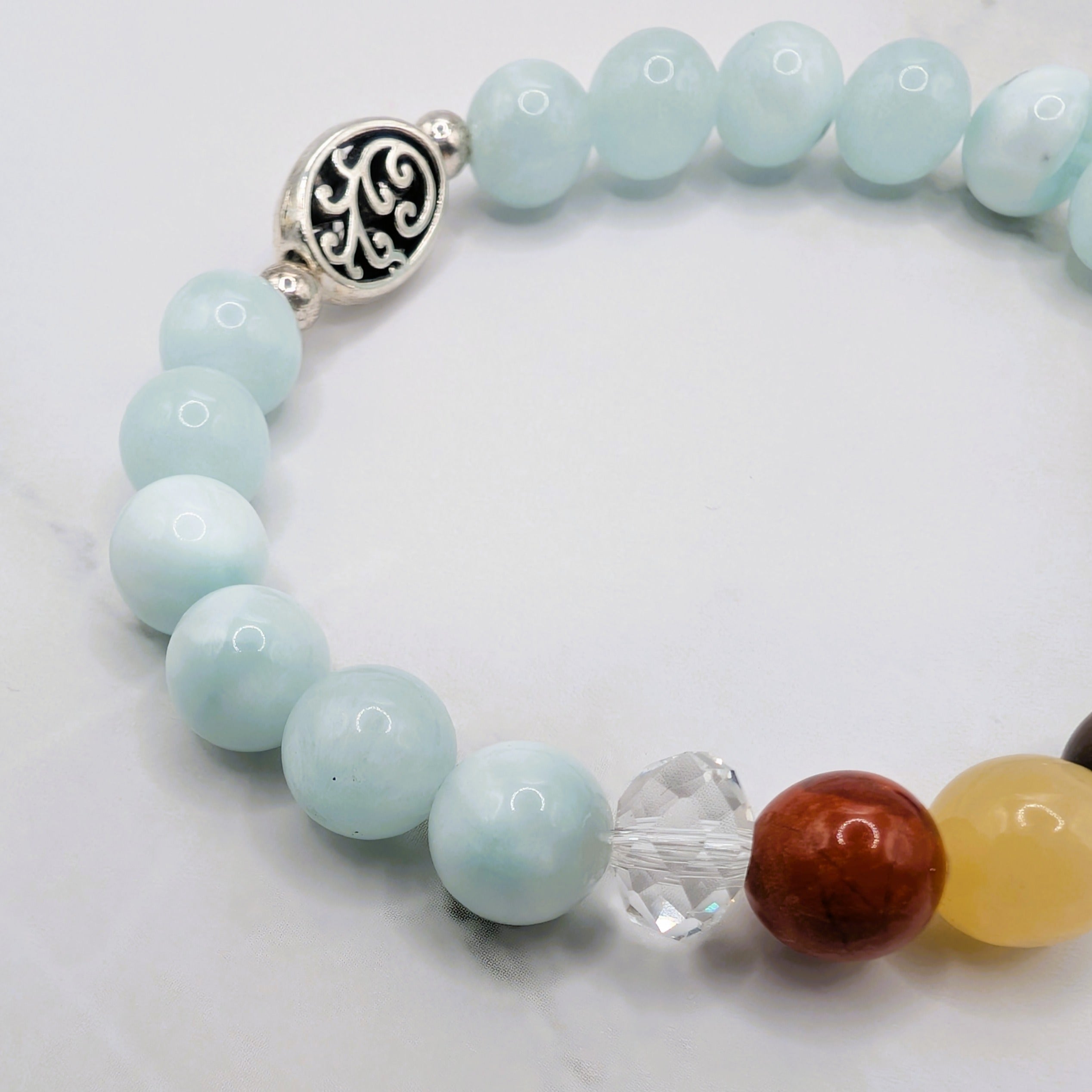 Green angelite chakra bracelet detail, handmade gemstone healing jewelry