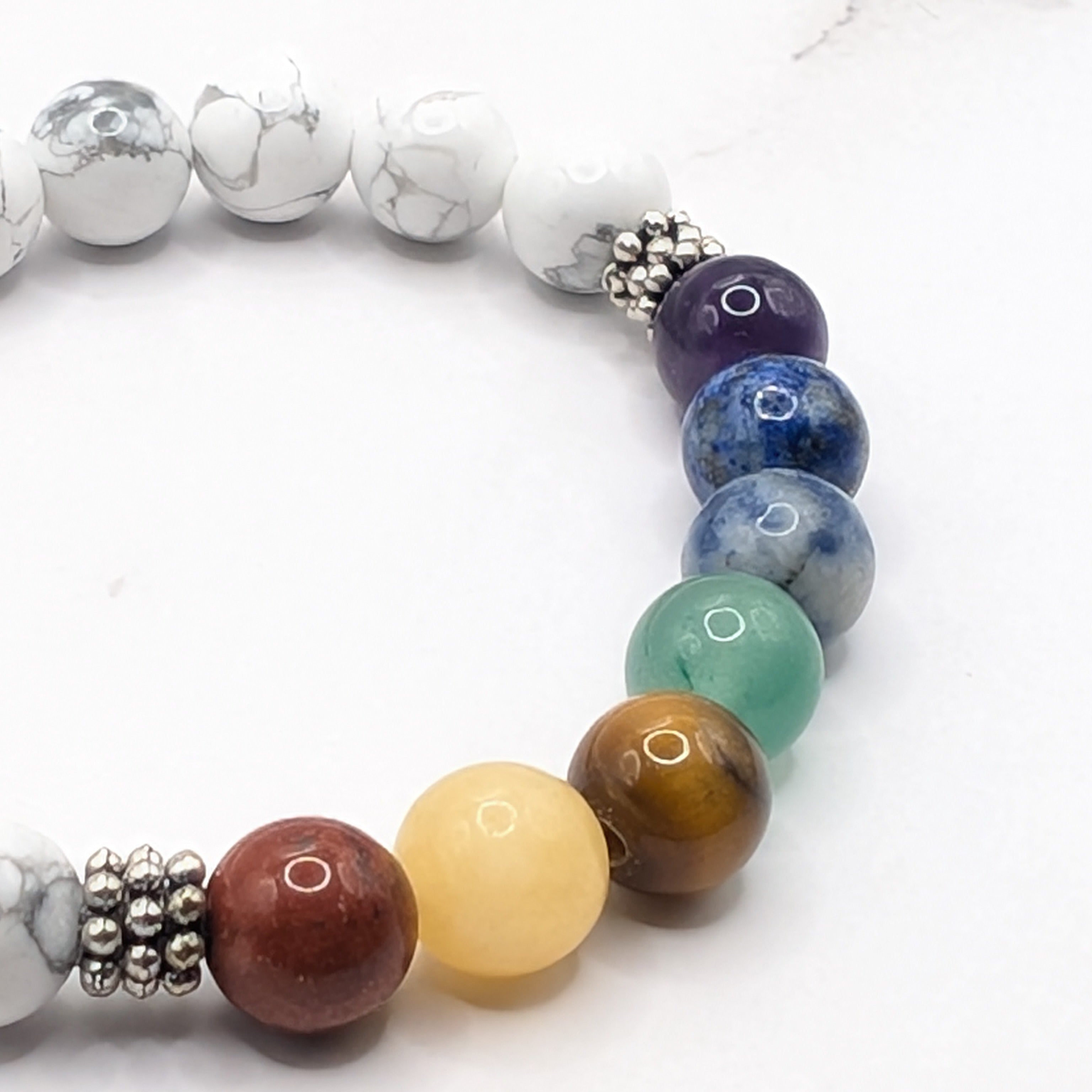 Chakra white howlite silver accent bracelet detail, gemstone healing jewelry