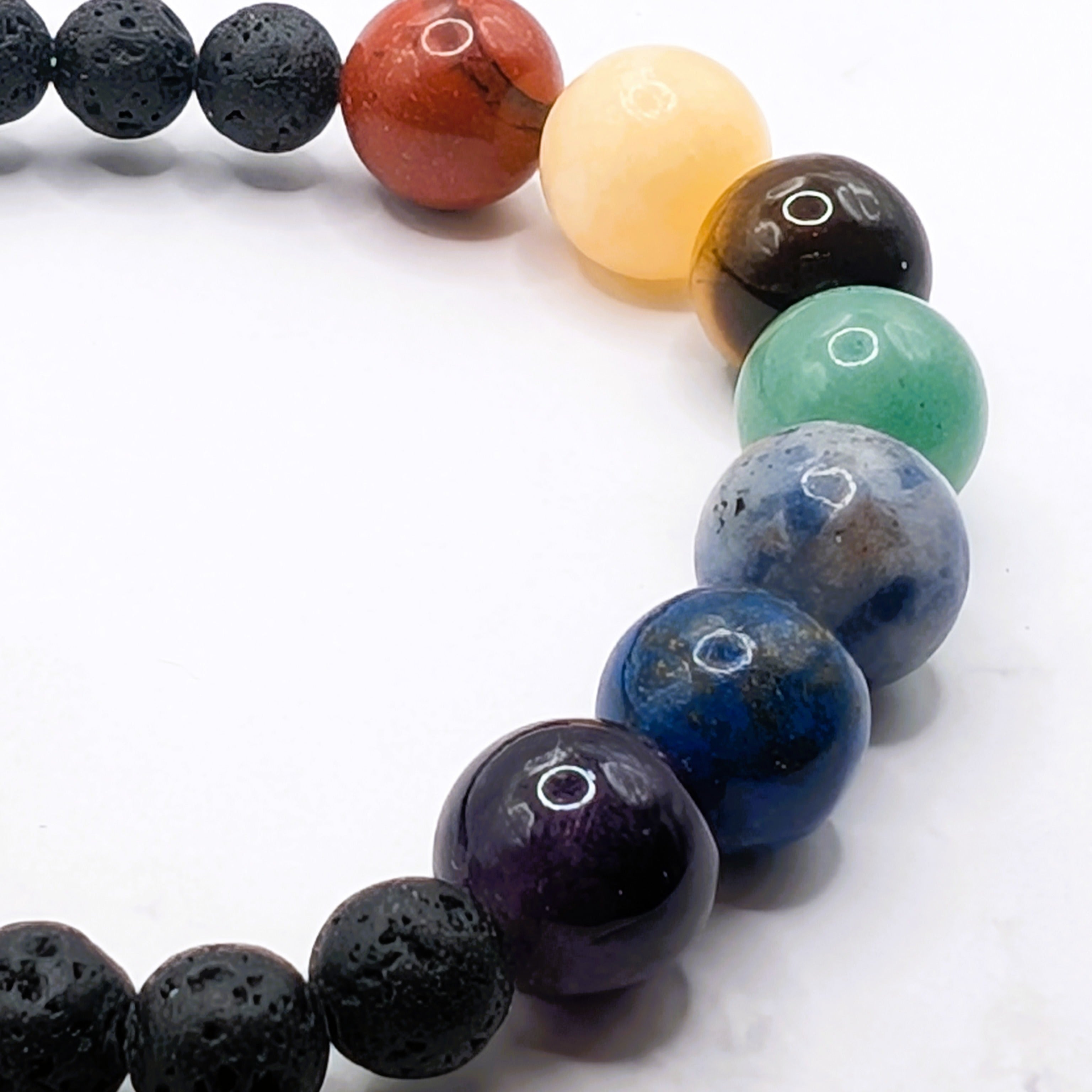 Chakra lava bead stretch bracelet detail, natural gemstone healing jewelry