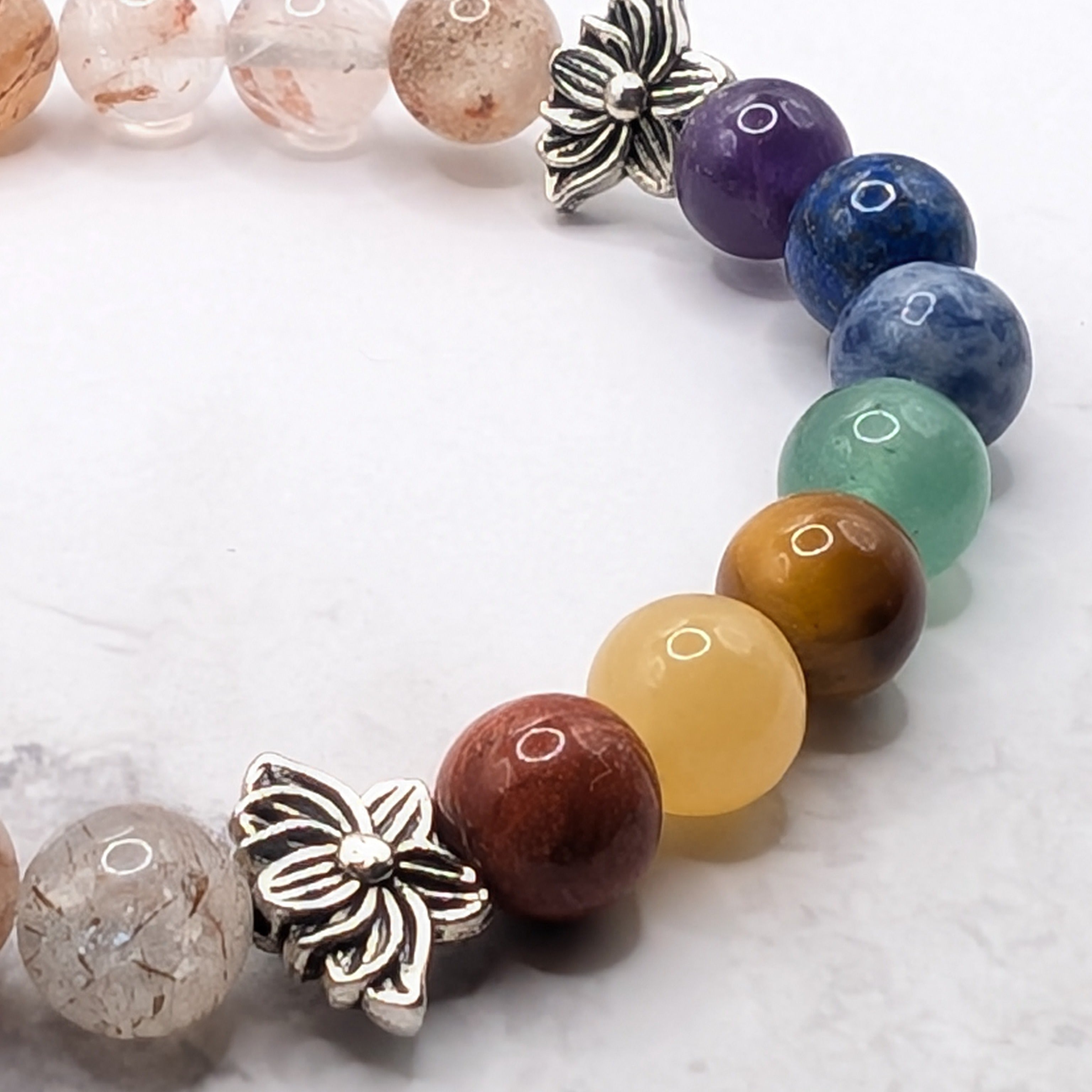 Sakura agate silver lotus bead chakra bracelet detail, artisan gemstone jewelry