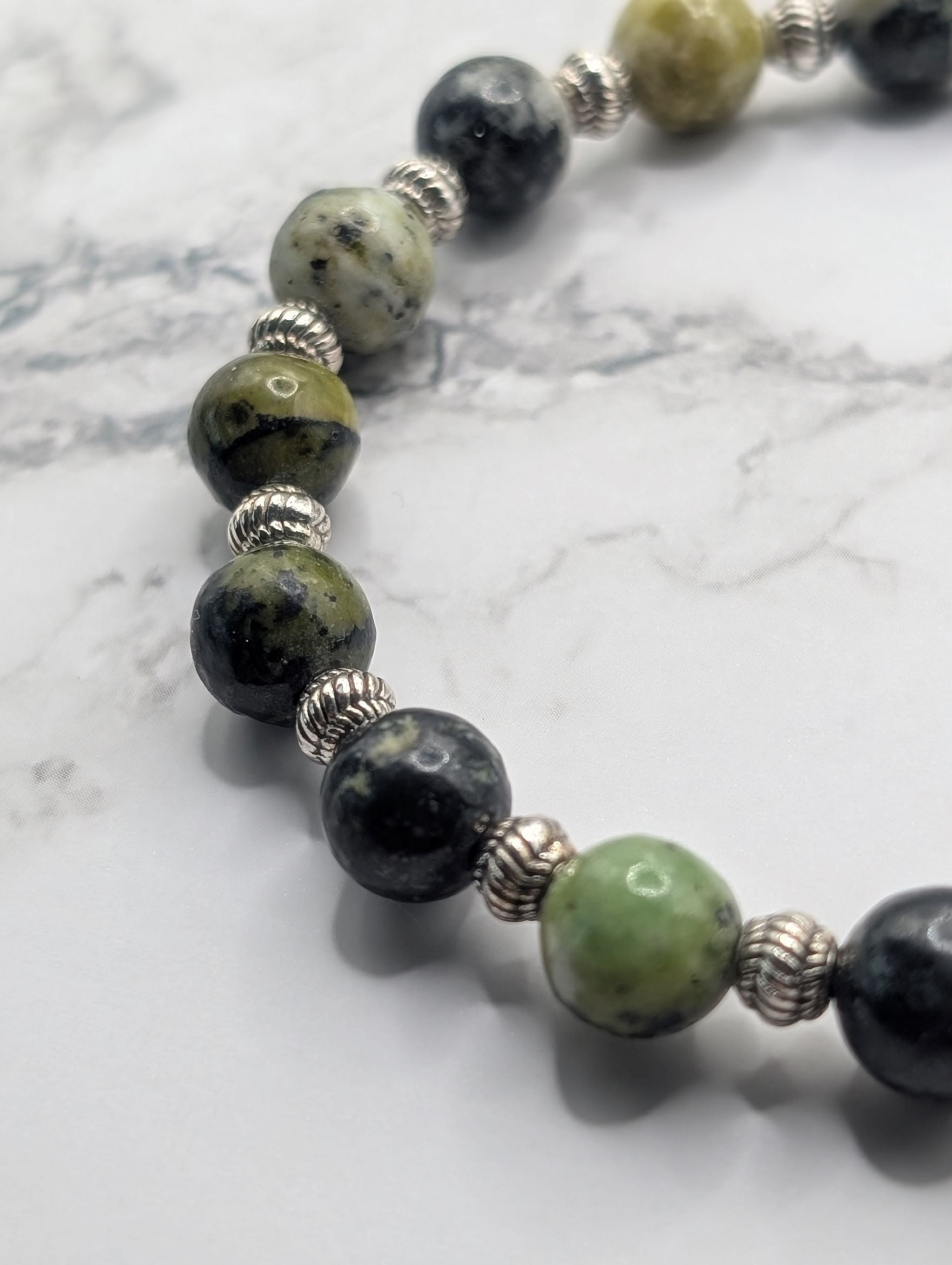 China chrysoprase silver accent stretch bracelet detail, natural gemstone jewelry