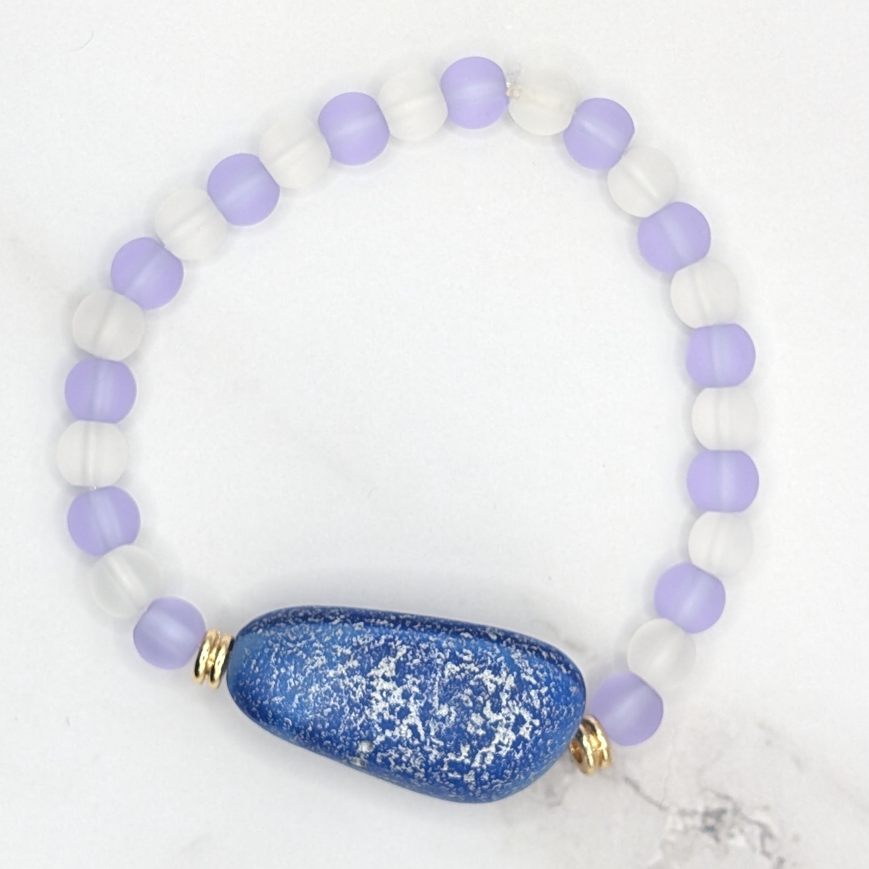 Handmade beach glass stretch bracelet with Czech glass cobalt and silver nugget beads