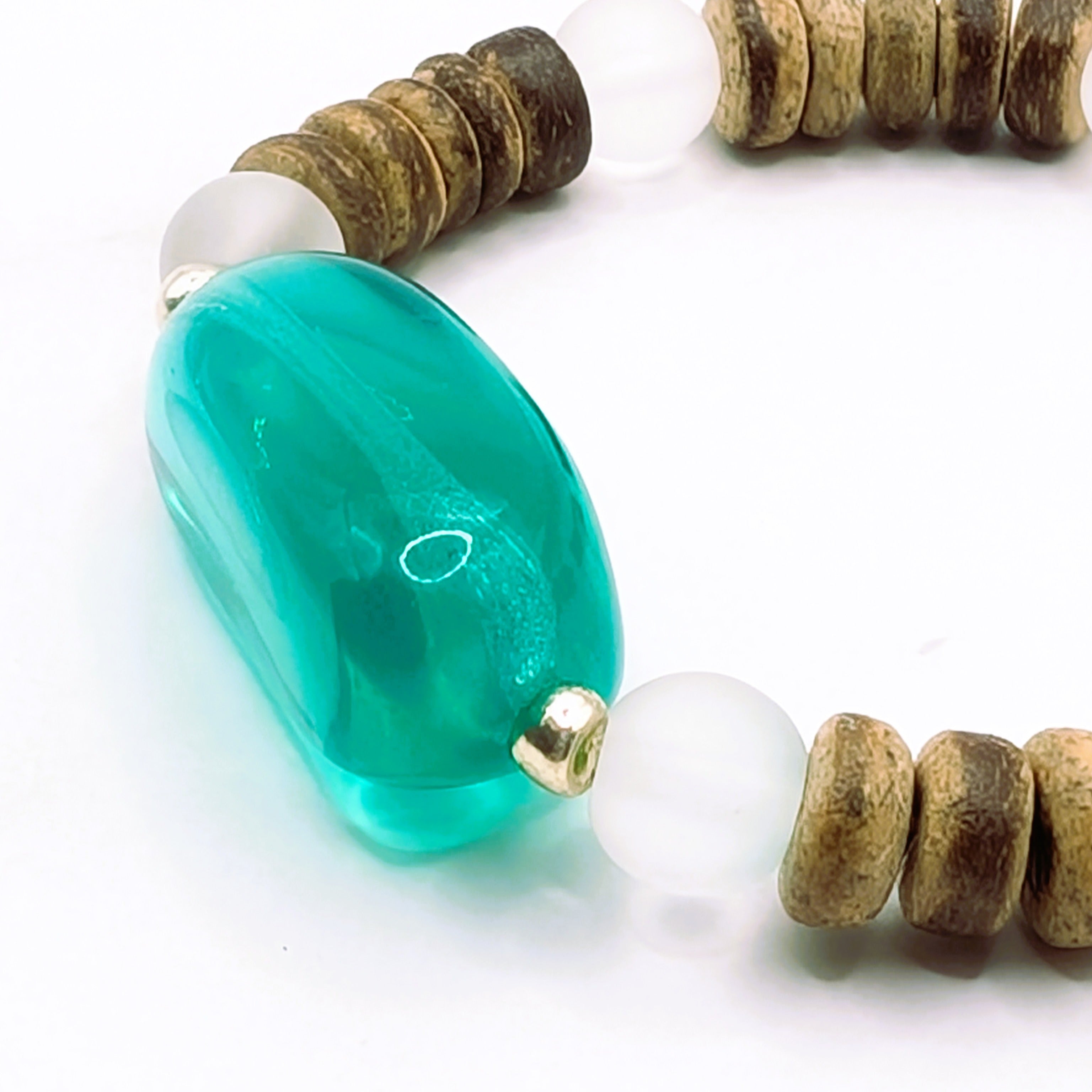 Czech glass coconut stretch bracelet detail, artisan beaded jewelry