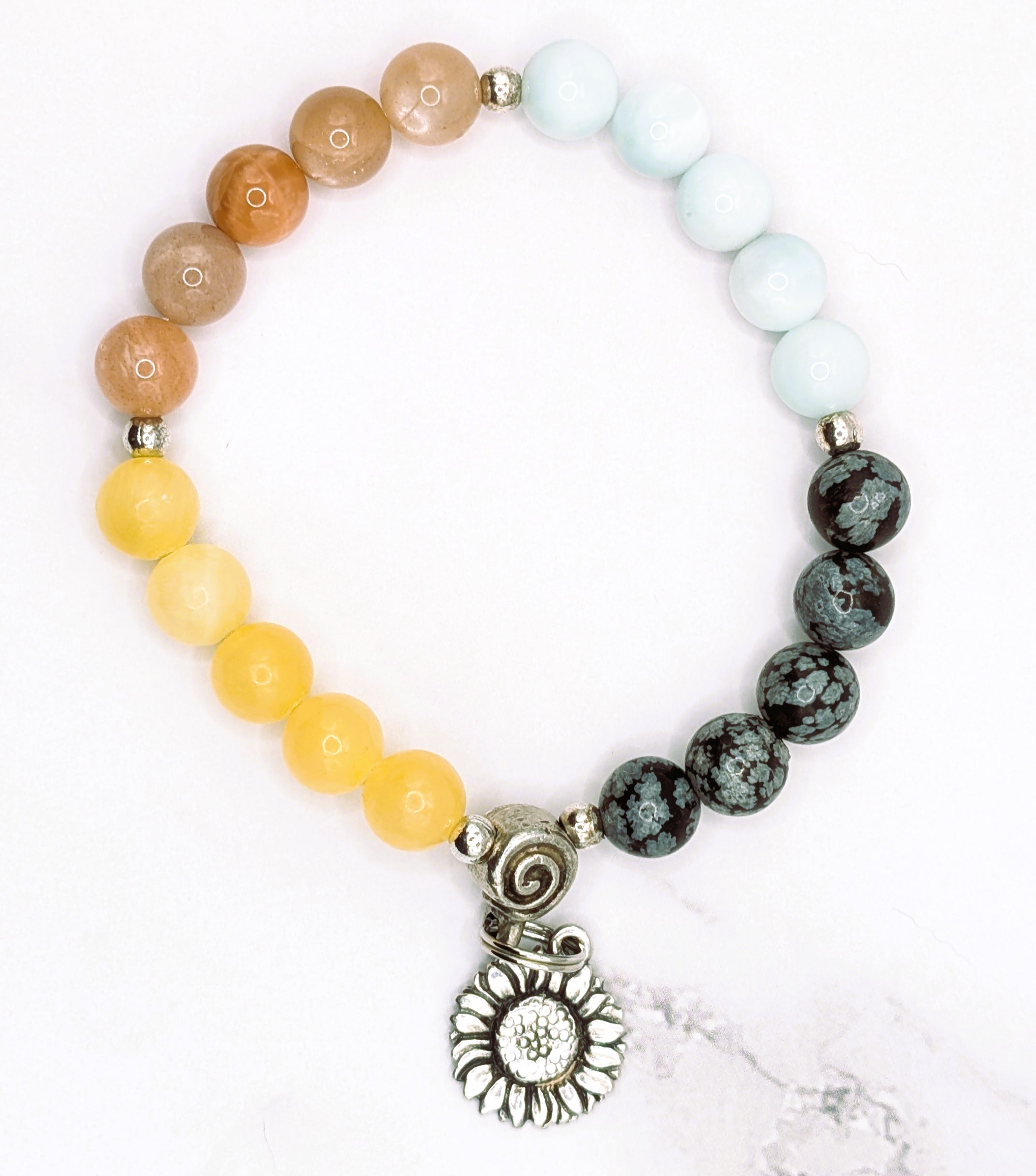 Handmade four gemstone stretch bracelet with sunflower charm, natural stone jewelry