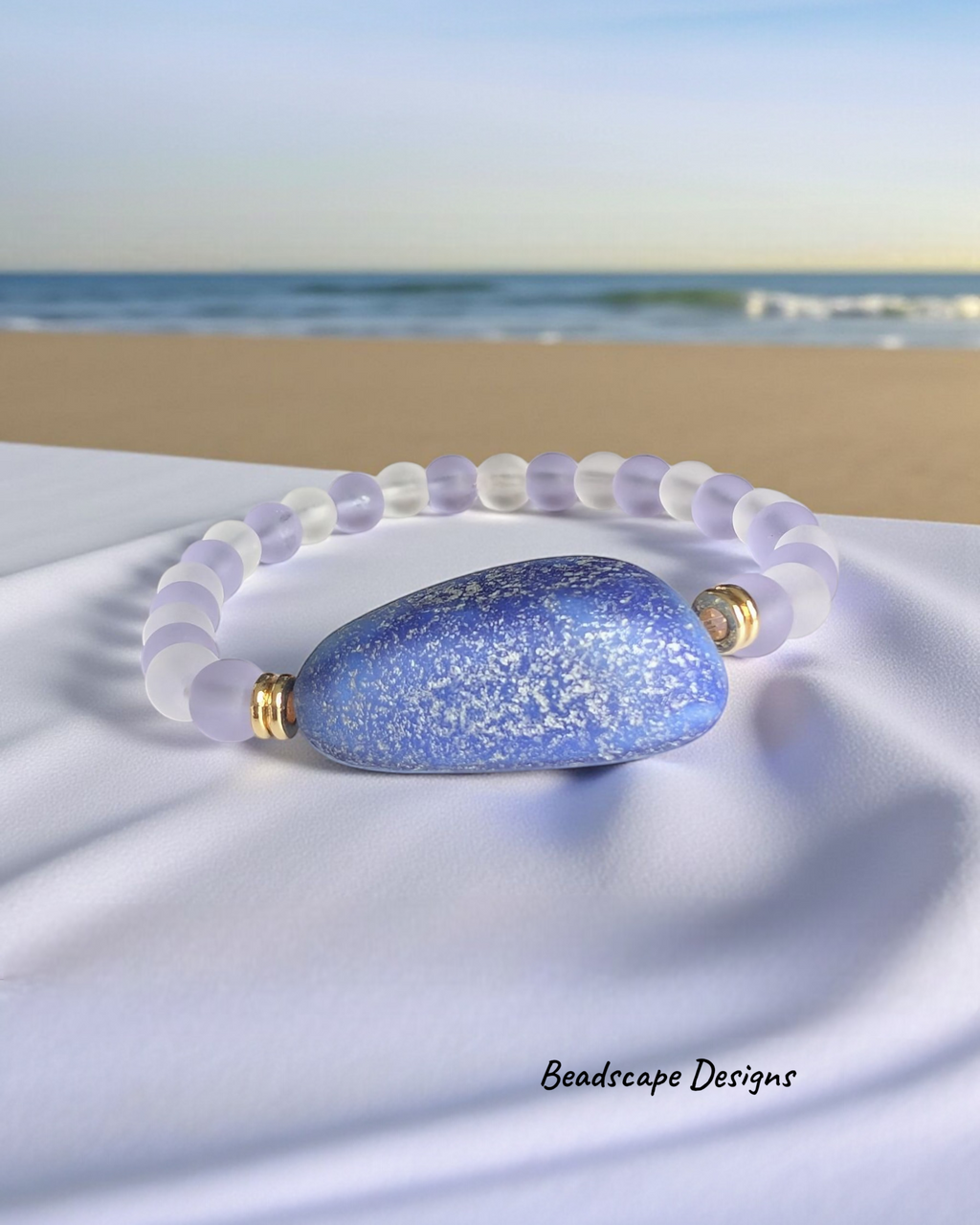 Beach Glass-Style Stretch Bracelet with Czech Glass Cobalt and Silver Nugget