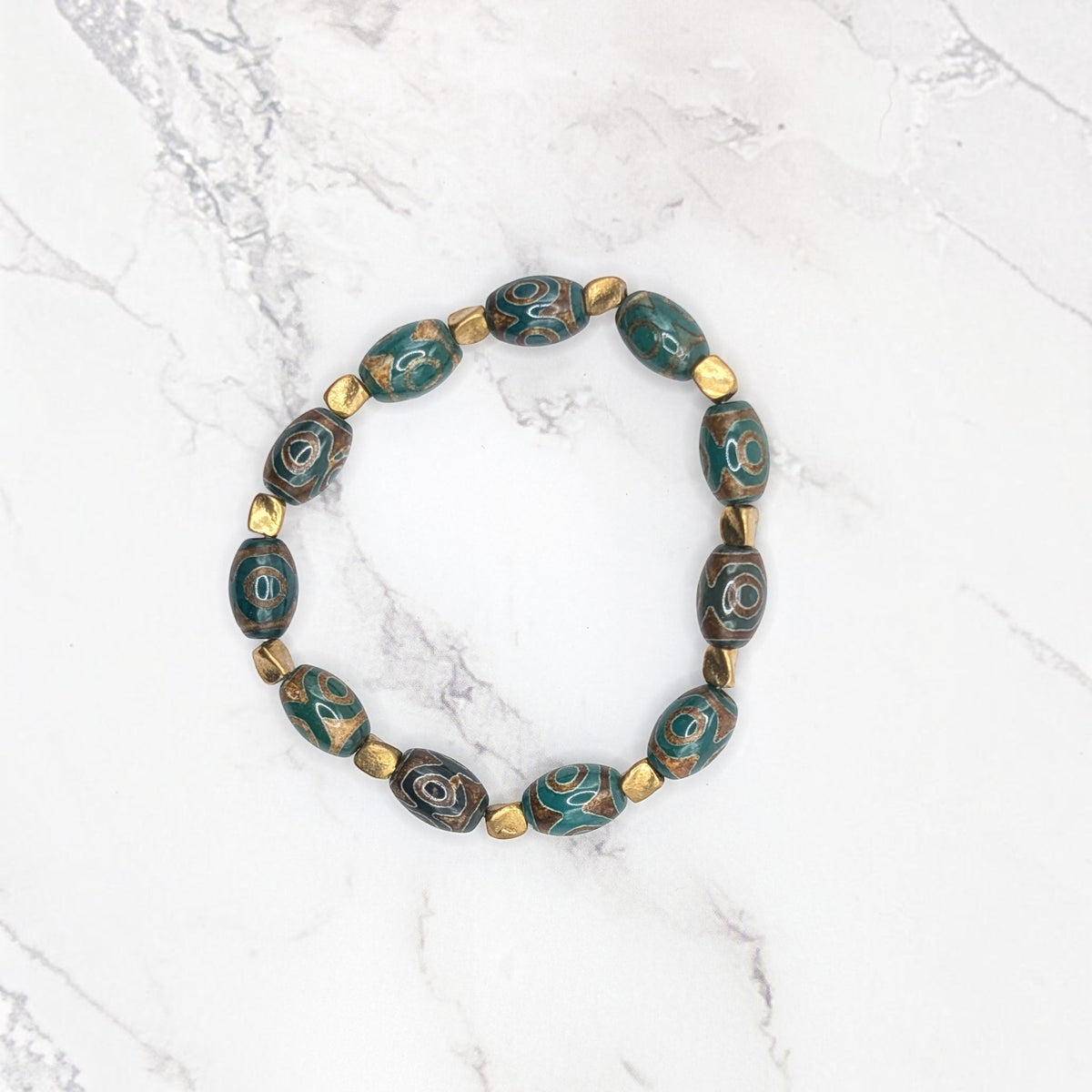 Tibetan Dzi-style Agate Bracelet — Dark Green & Brass