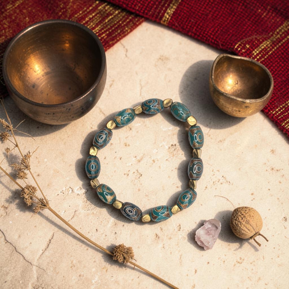 Tibetan Dzi-style Agate Bracelet — Dark Green & Brass
