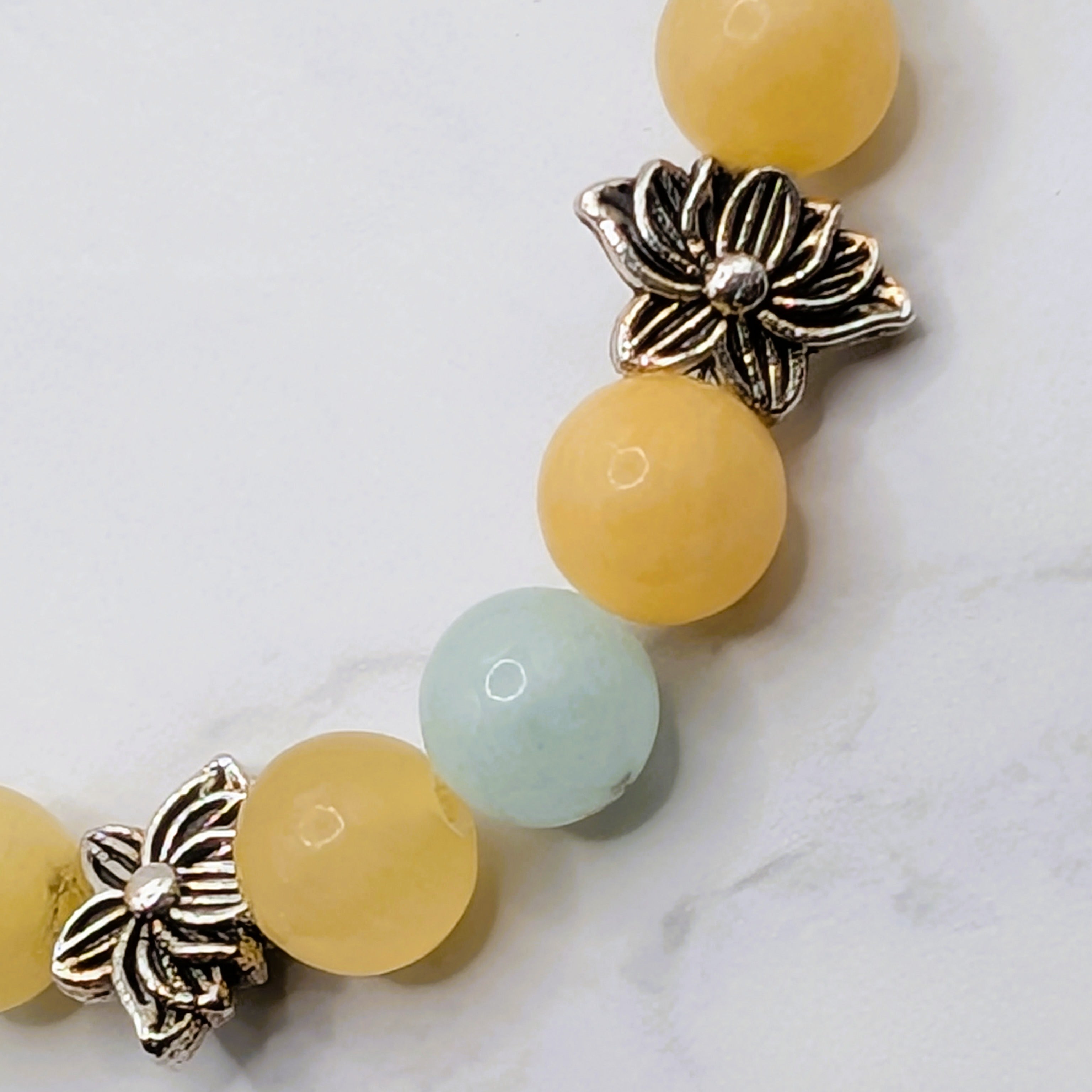 Honey stone green angelite lotus bead stretch bracelet detail, gemstone jewelry