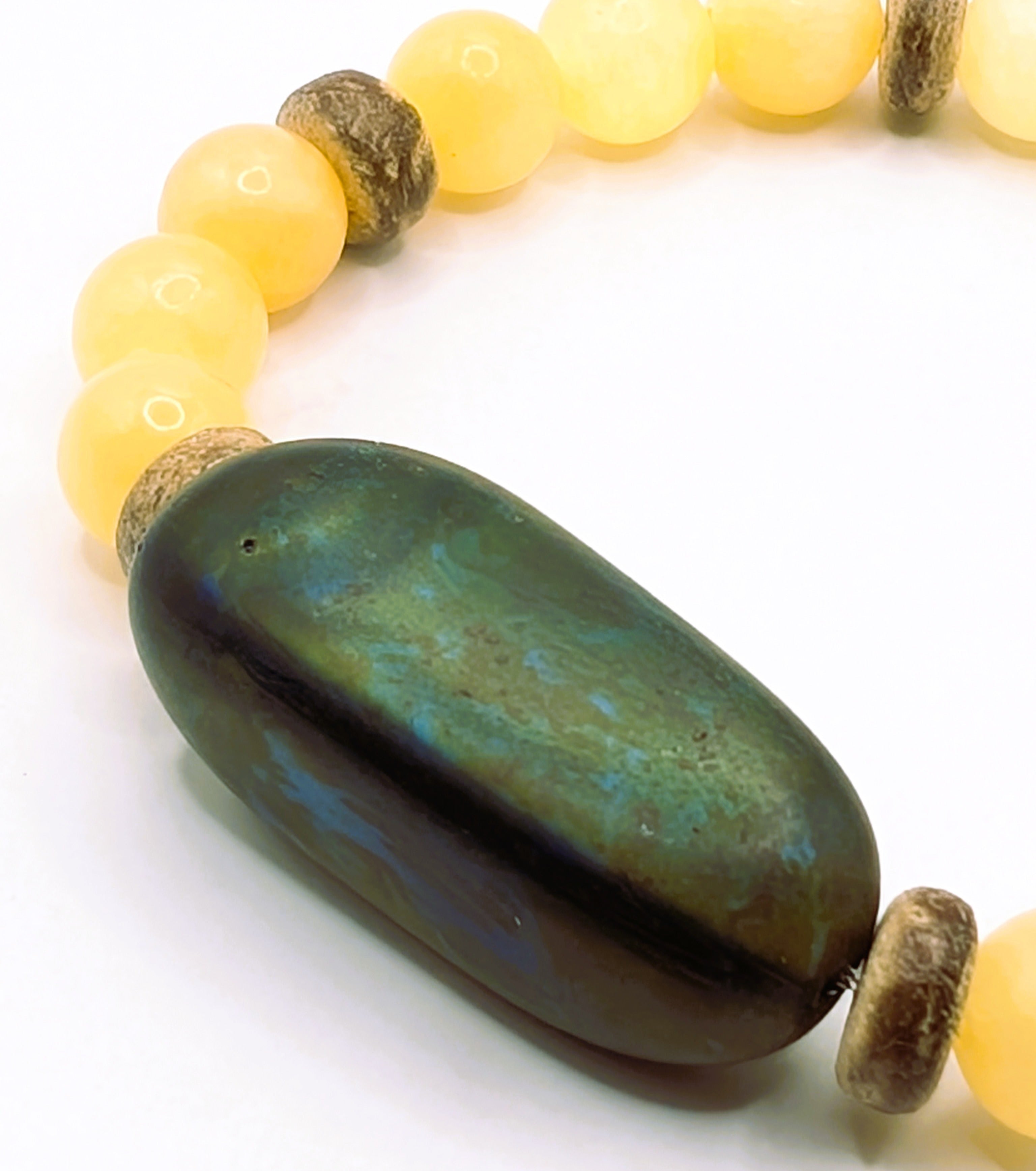 Honey stone coconut stretch bracelet detail, natural gemstone jewelry