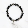 Silver Sheen Obsidian & Lotus Charm Stretch Bracelet