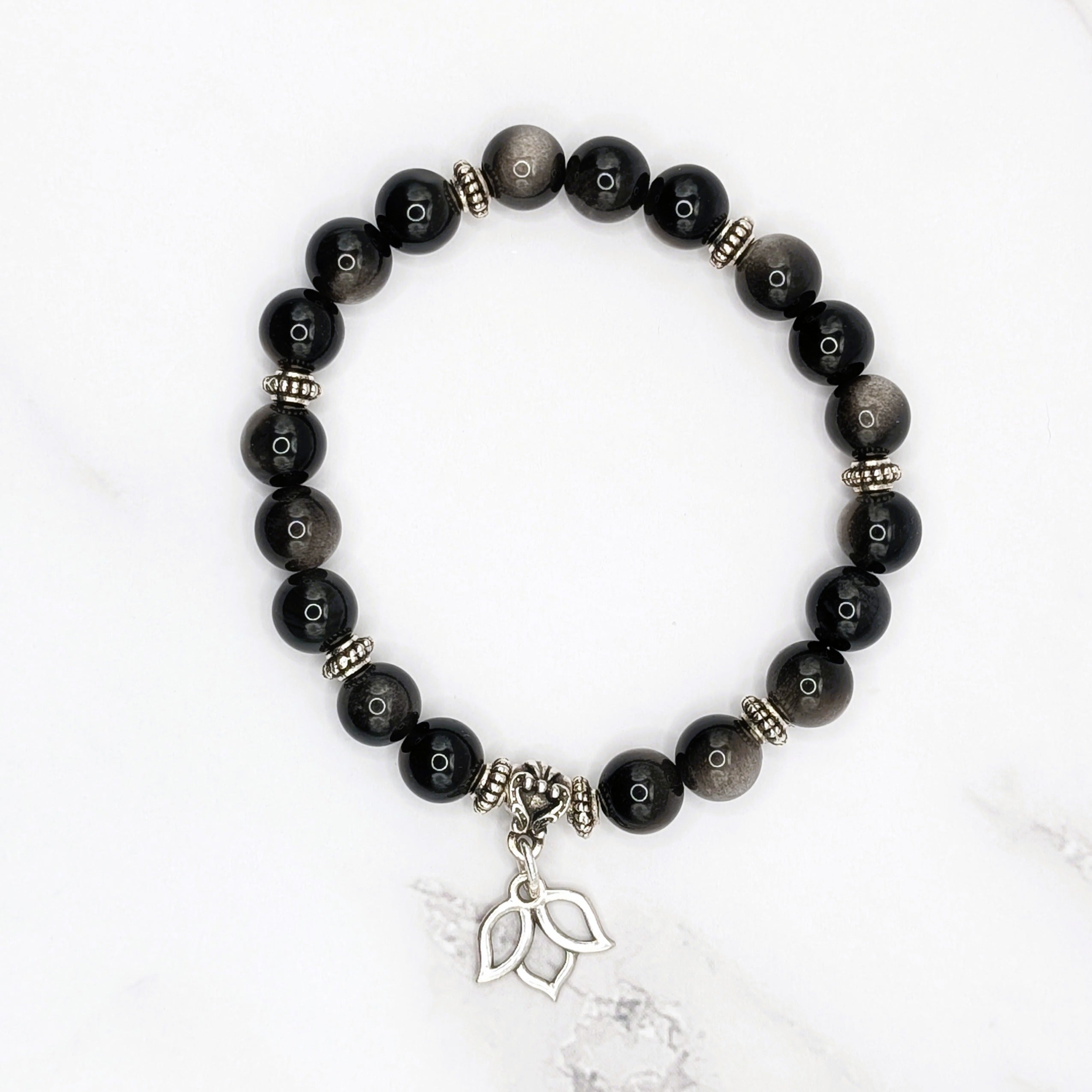 Silver Sheen Obsidian & Lotus Charm Stretch Bracelet