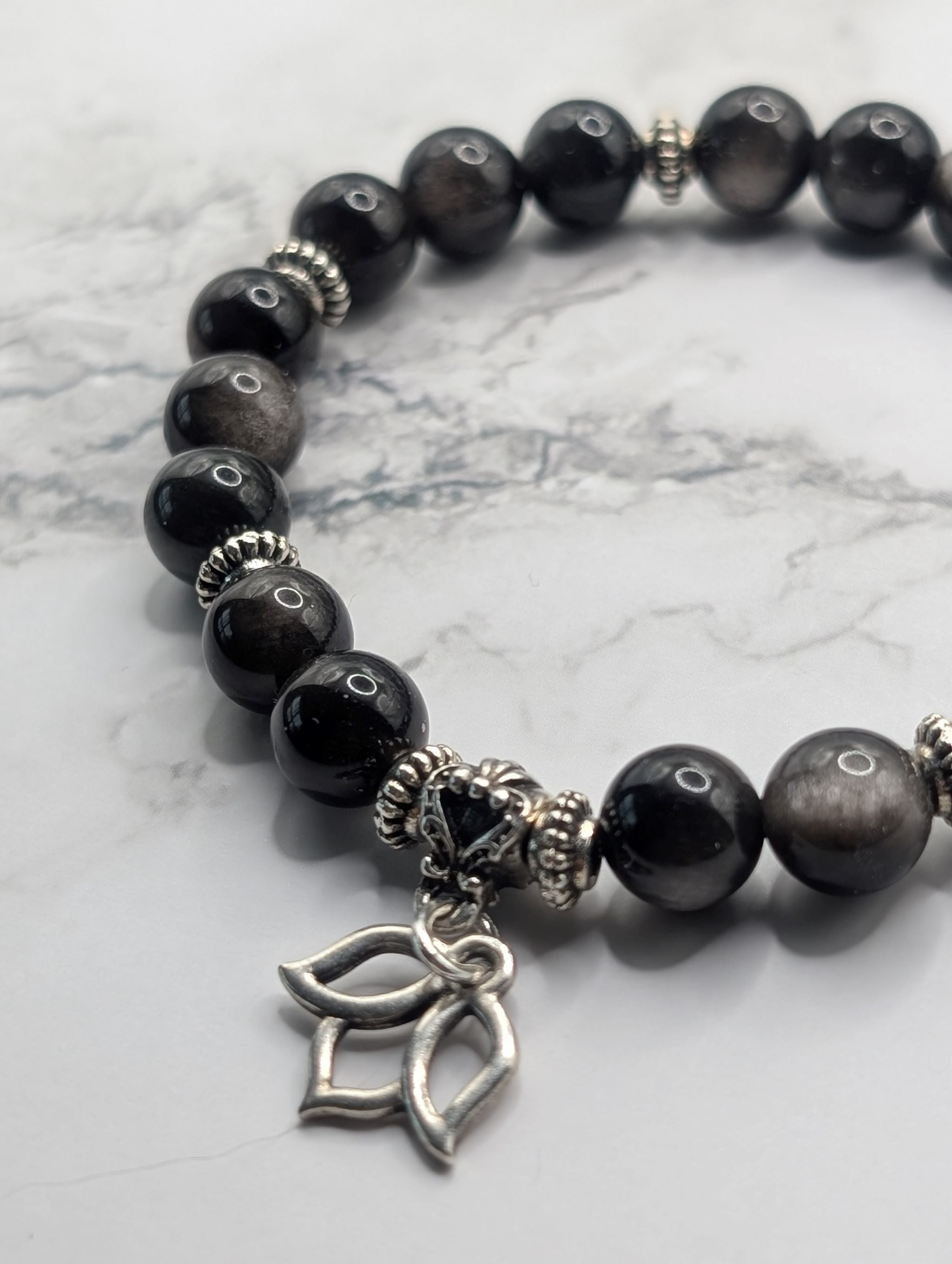 Silver Sheen Obsidian & Lotus Charm Stretch Bracelet