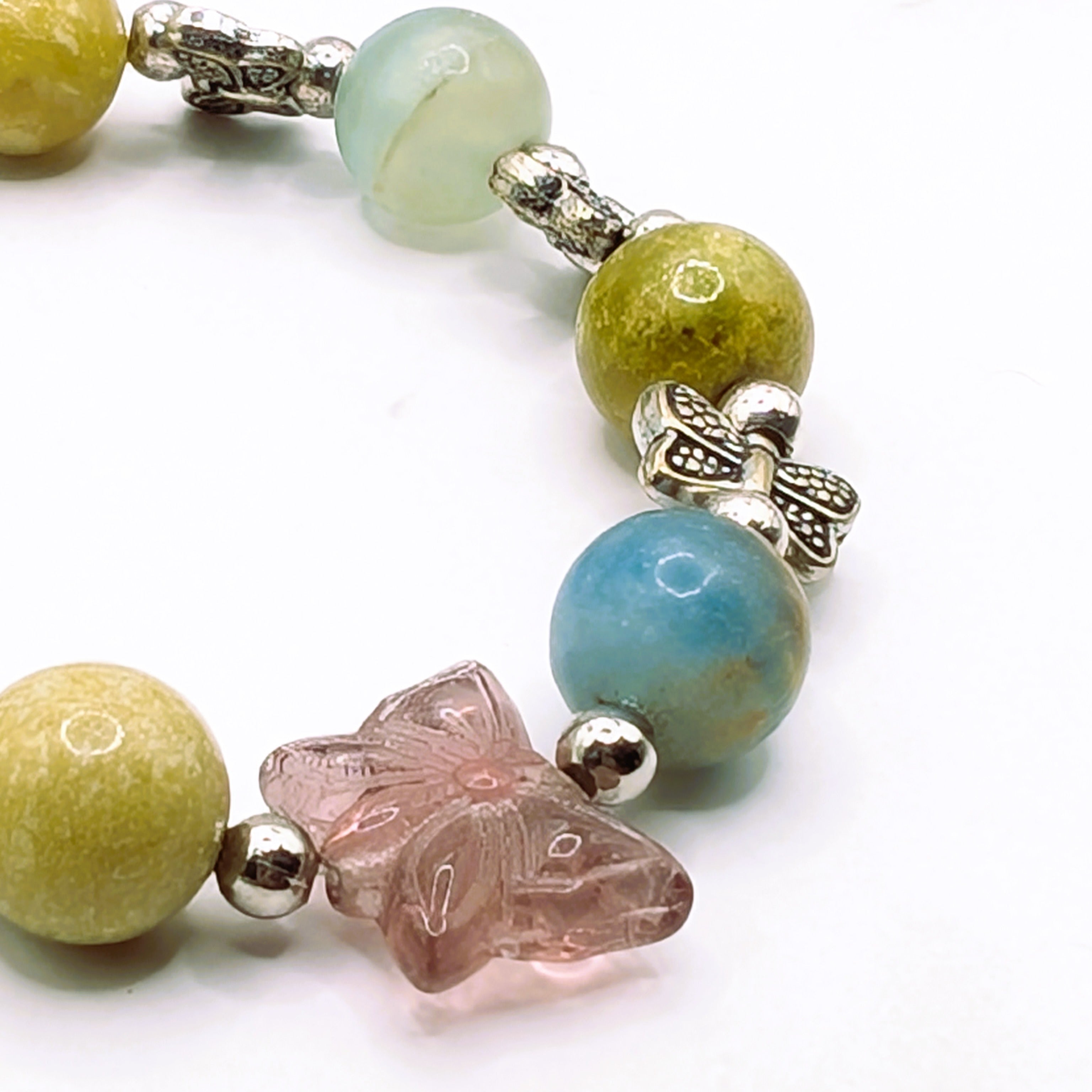 Olive opal blue calcite Czech glass butterfly stretch bracelet detail