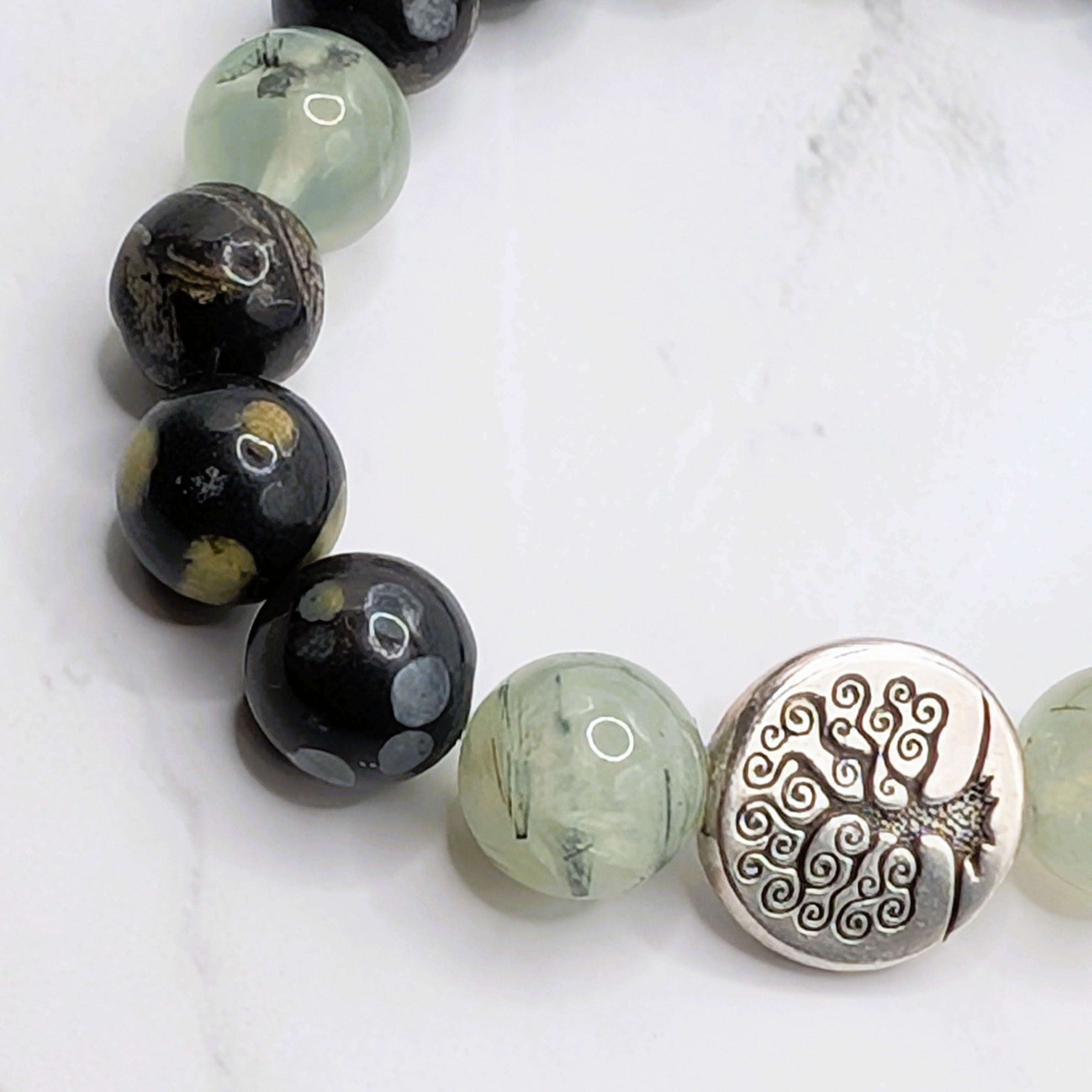 Prehnite flower obsidian stretch bracelet tree of life charm detail