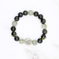 Handmade prehnite and flower obsidian stretch bracelet with tree of life accent