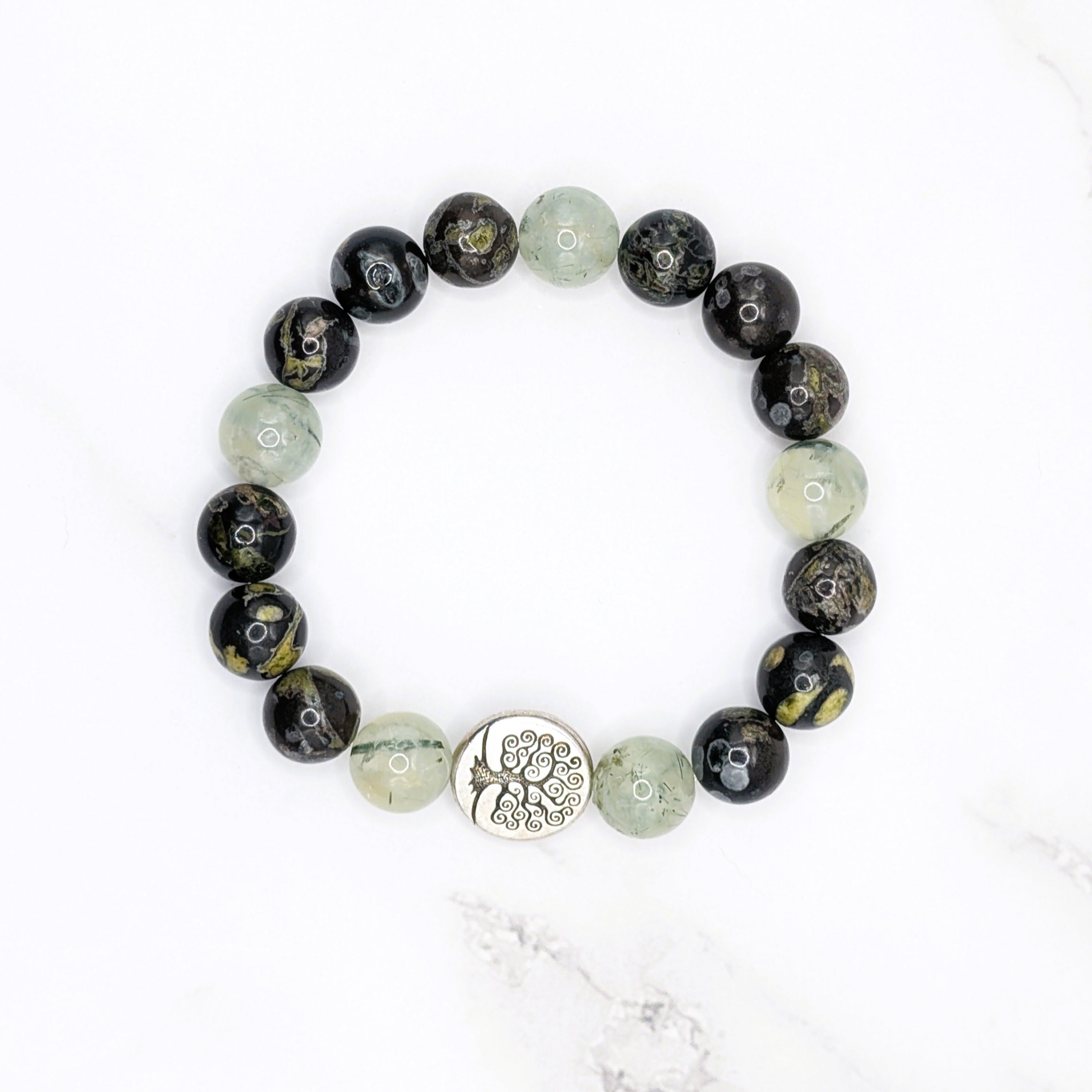 Handmade prehnite and flower obsidian stretch bracelet with tree of life accent