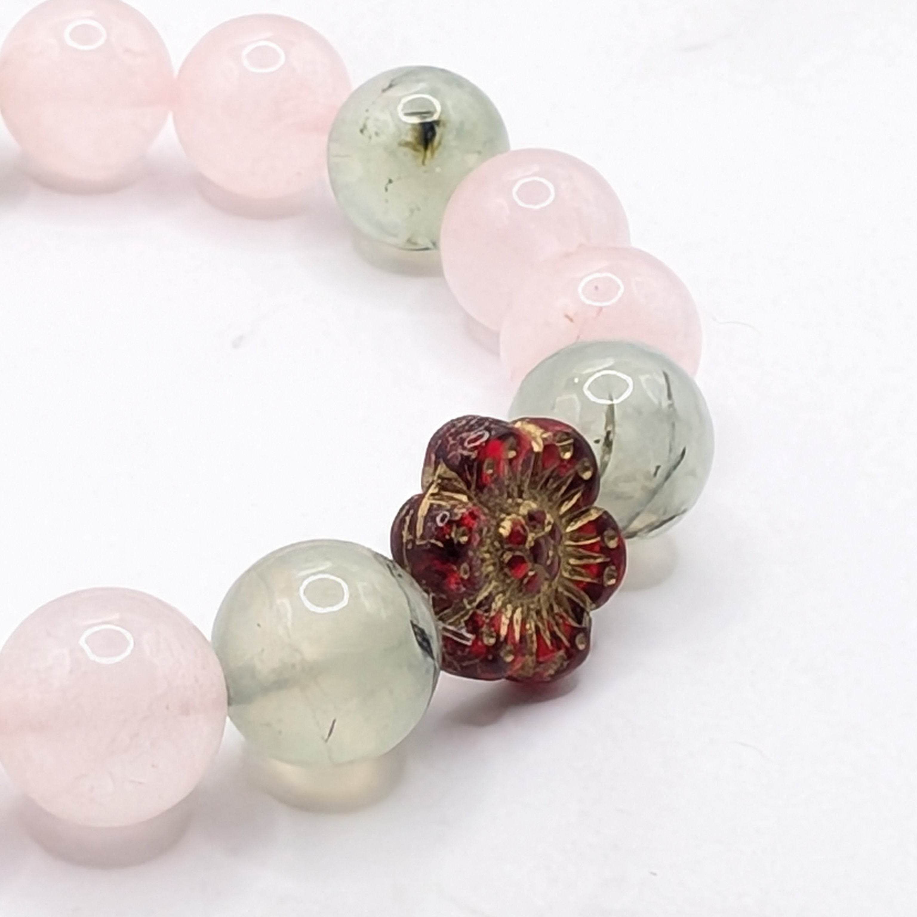 Rose quartz aventurine stretch bracelet rose accent detail, natural gemstone jewelry