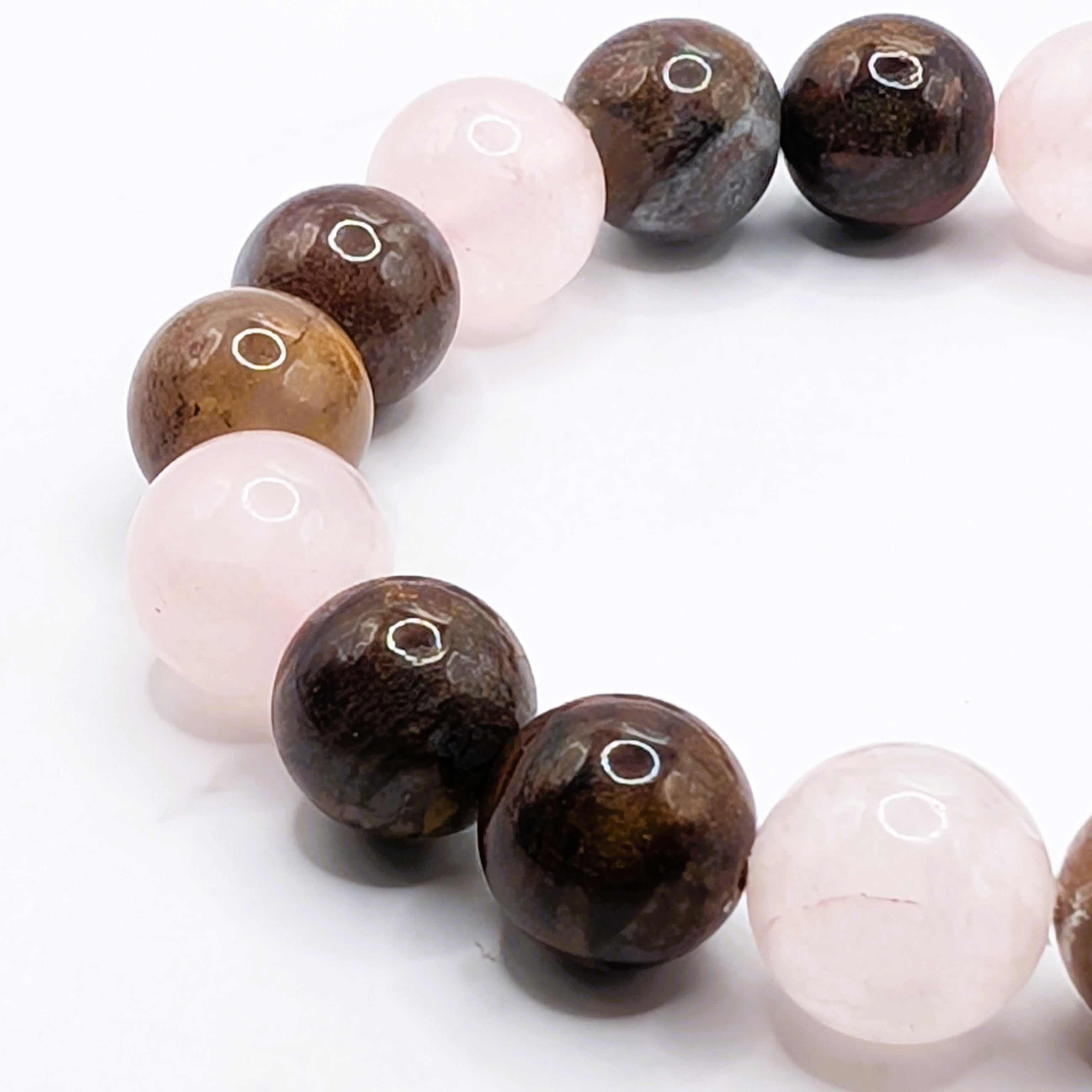 Rose quartz pietersite stretch bracelet detail, natural gemstone jewelry