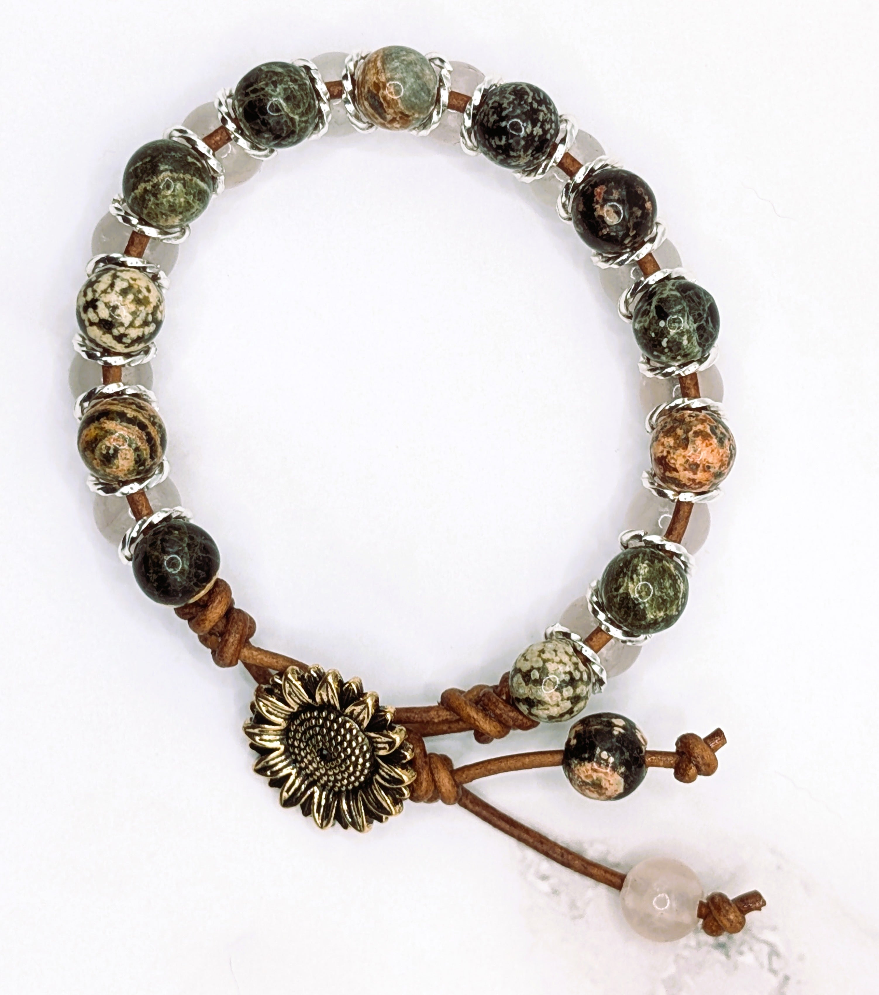 Handmade rose quartz and Mexican red snowflake zig zag leather bracelet with sunflower clasp