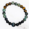 Handmade multi-stone stretch bracelet with black sardonyx, tiger eye and African turquoise