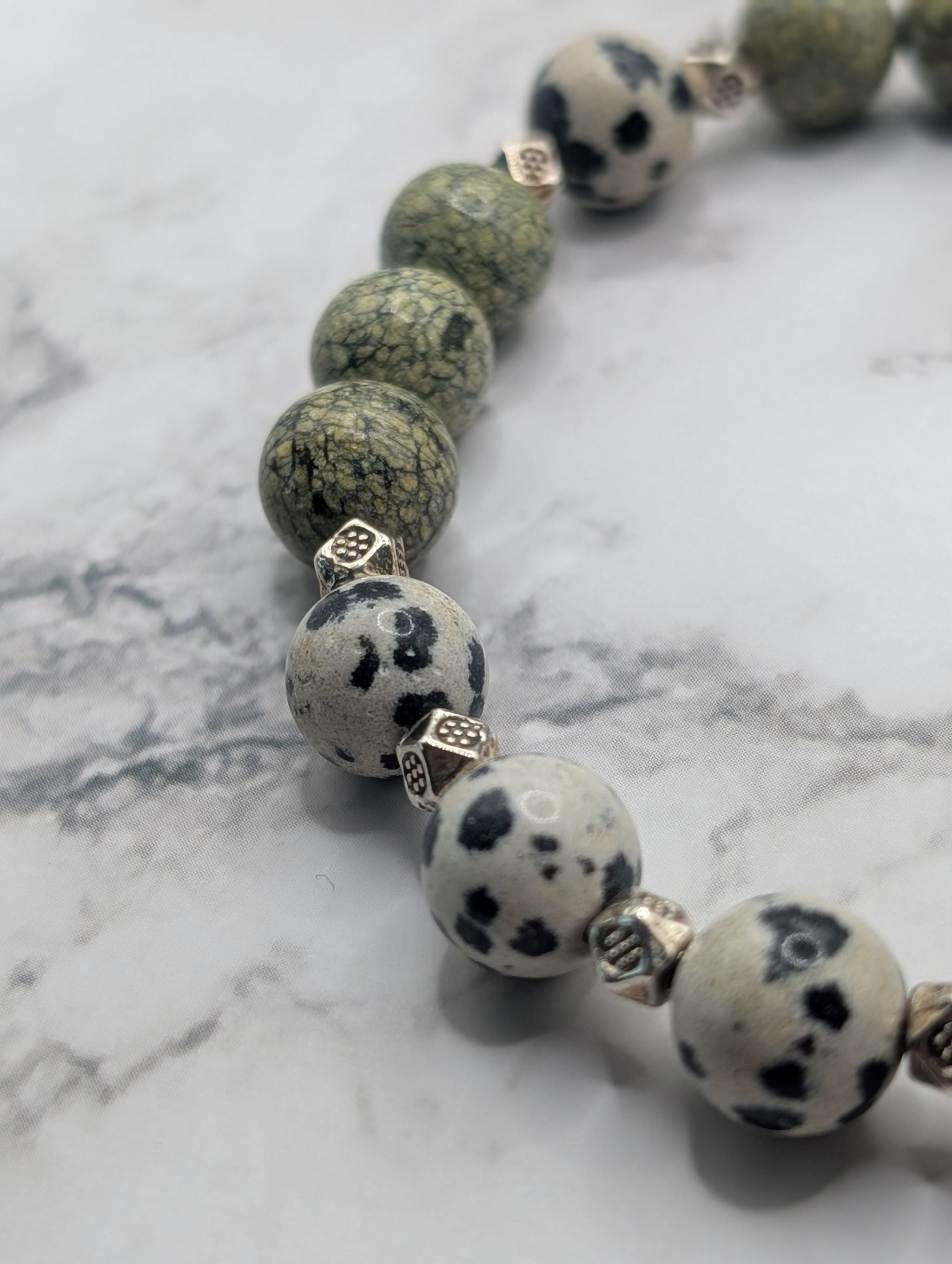 Russian serpentine Dalmatian jasper stretch bracelet detail, natural gemstone jewelry
