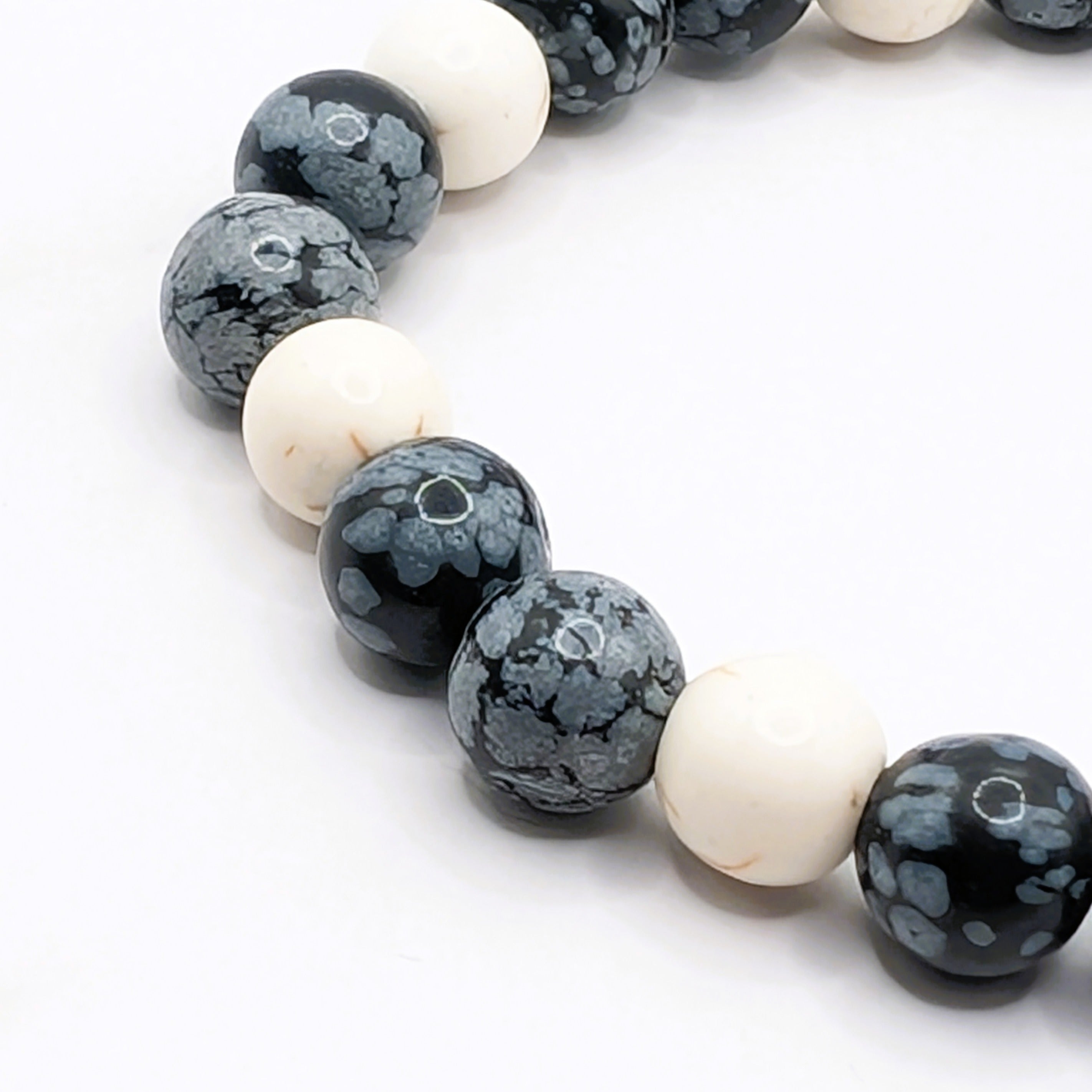 Snowflake obsidian white howlite stretch bracelet detail, natural gemstone jewelry