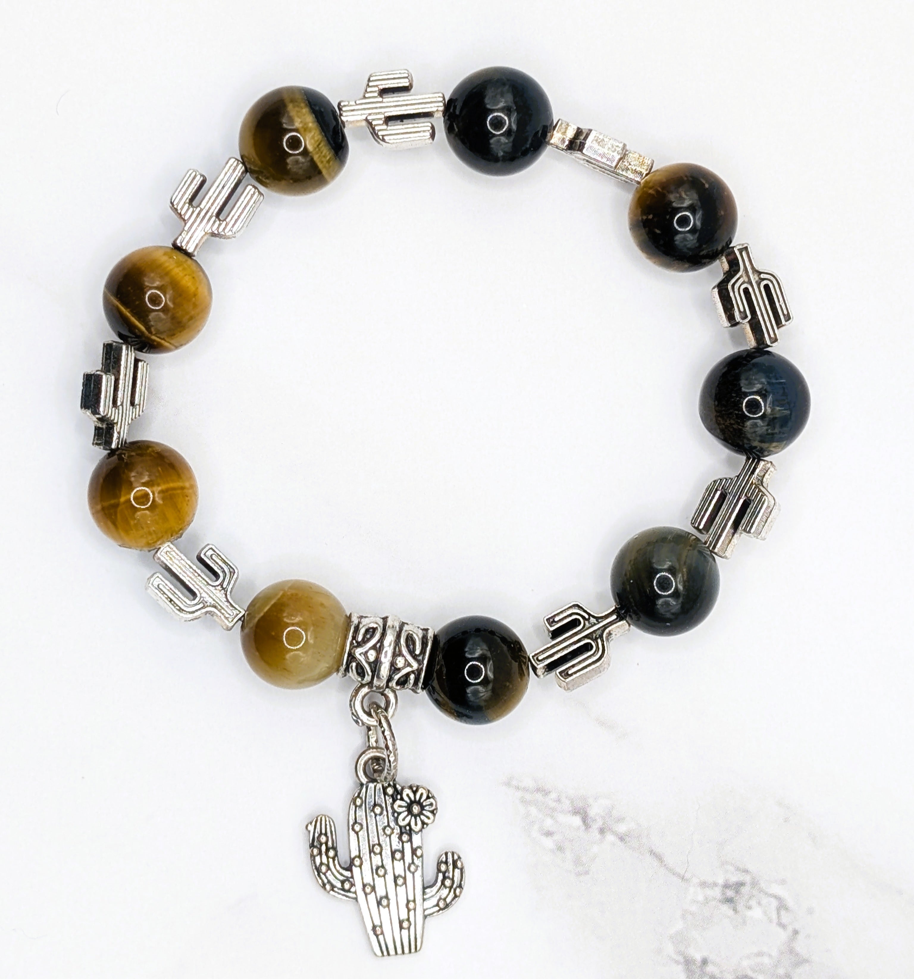 Handmade tiger eye stretch bracelet with cactus beads and cactus charm pendant