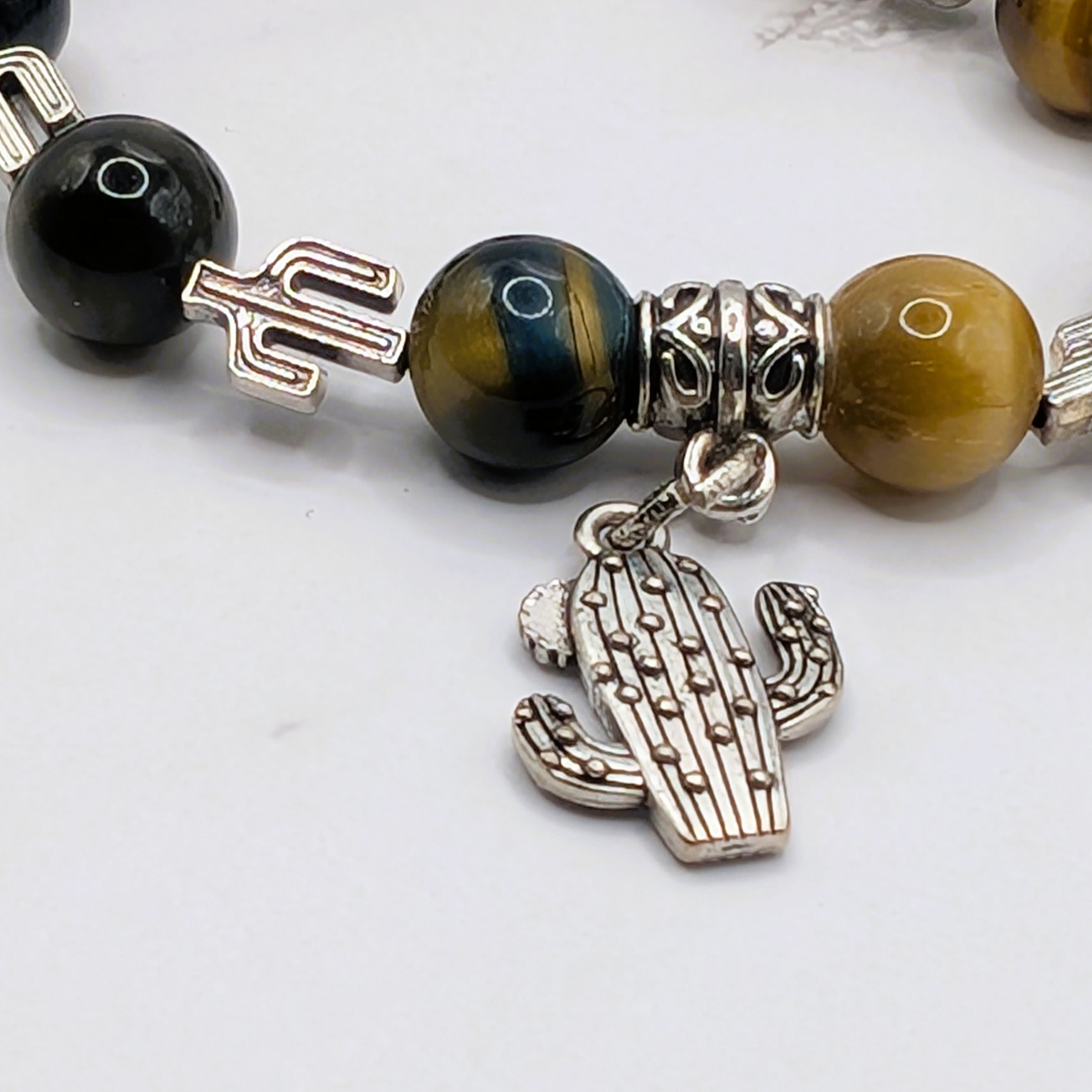 Tiger eye cactus bead and charm bracelet detail, handmade gemstone jewelry