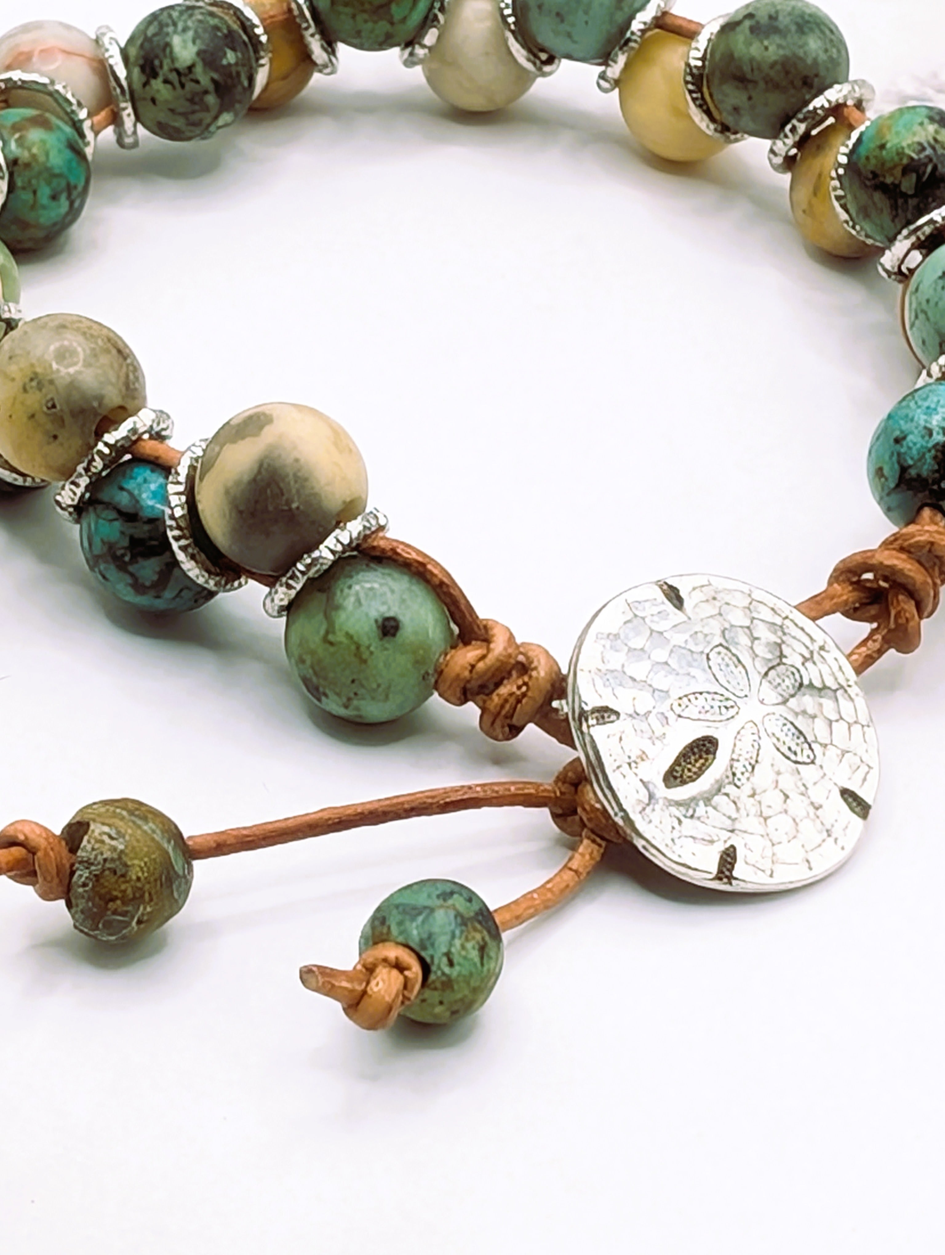 African turquoise jasper leather bracelet sand dollar clasp detail, gemstone jewelry