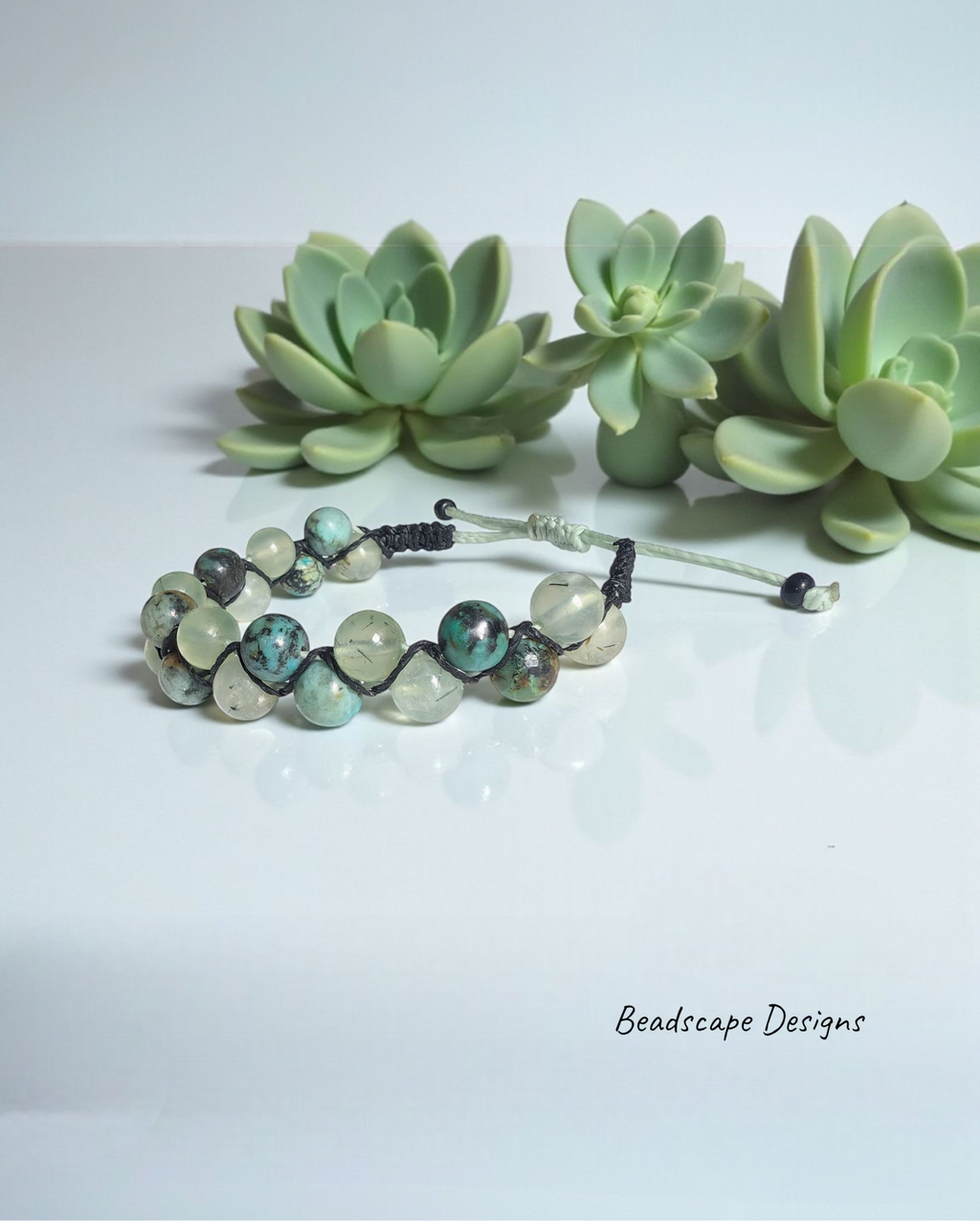 African Turquoise and Prehnite Macrame Zig Zag Bracelet