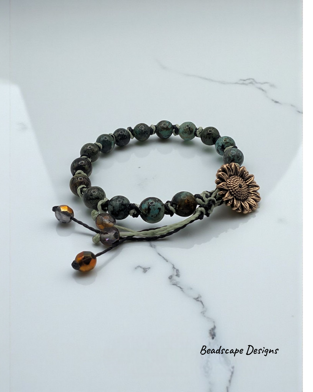 Knotted African Turquoise Bracelet with Sunflower Button Closure