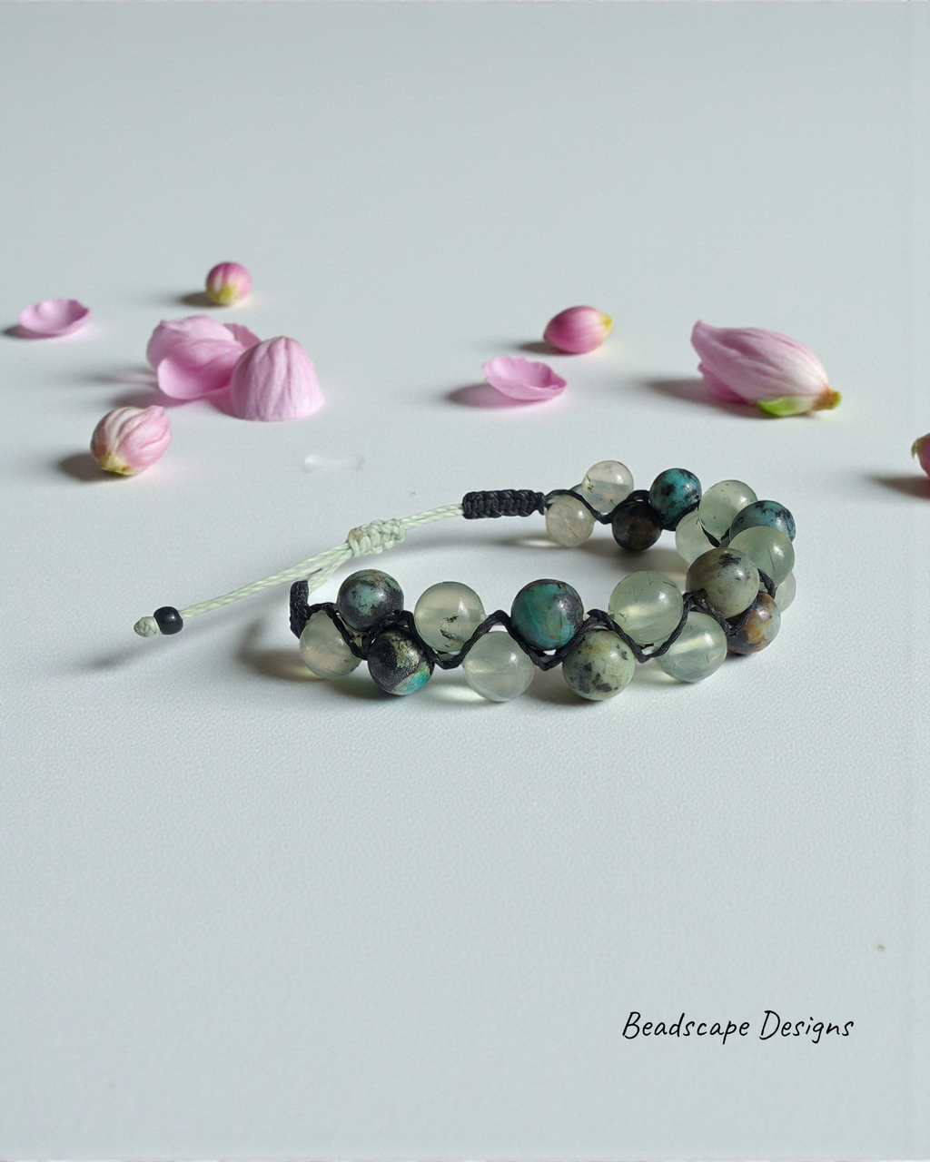African Turquoise and Prehnite Macrame Zig Zag Bracelet