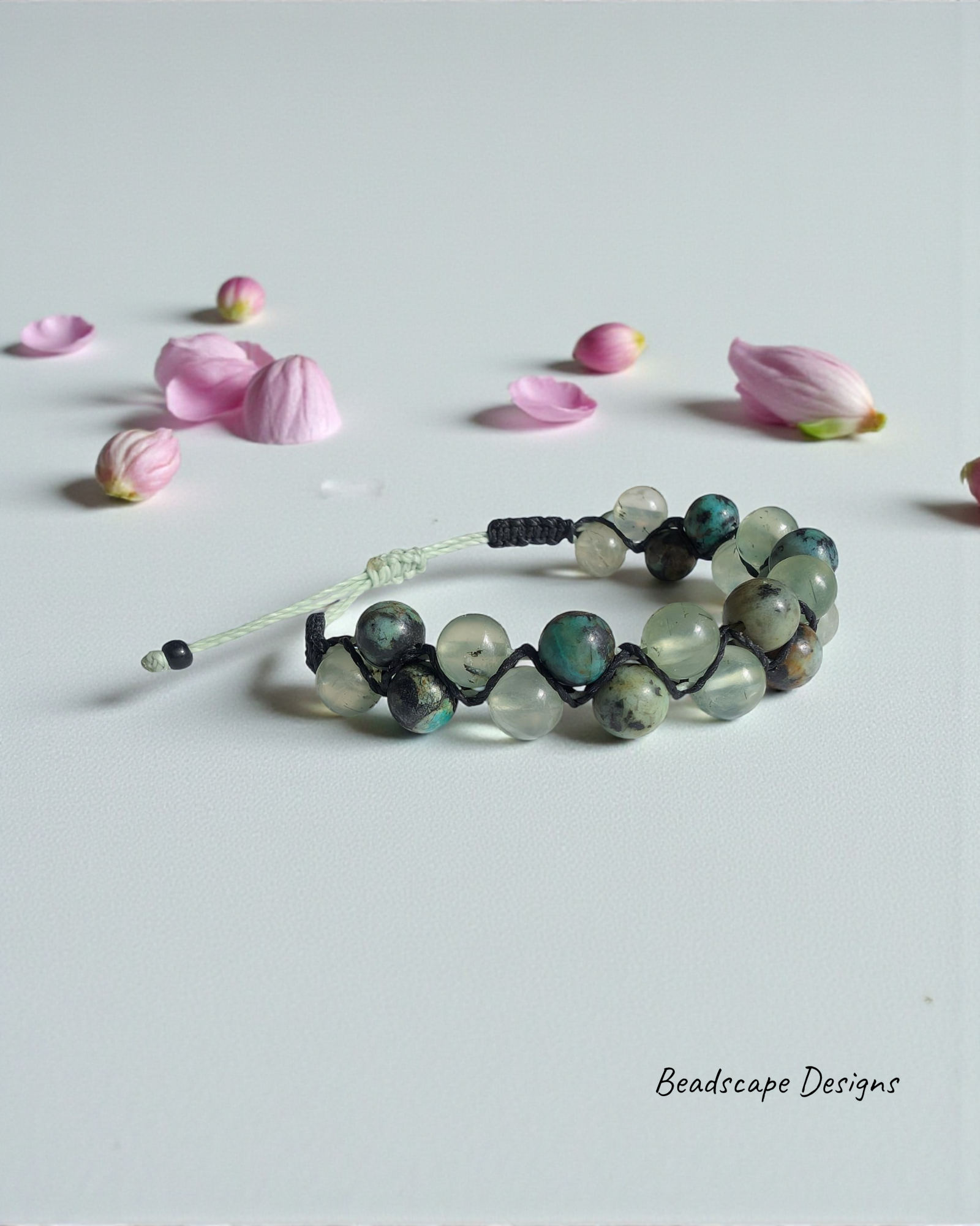 African Turquoise and Prehnite Macrame Zig Zag Bracelet