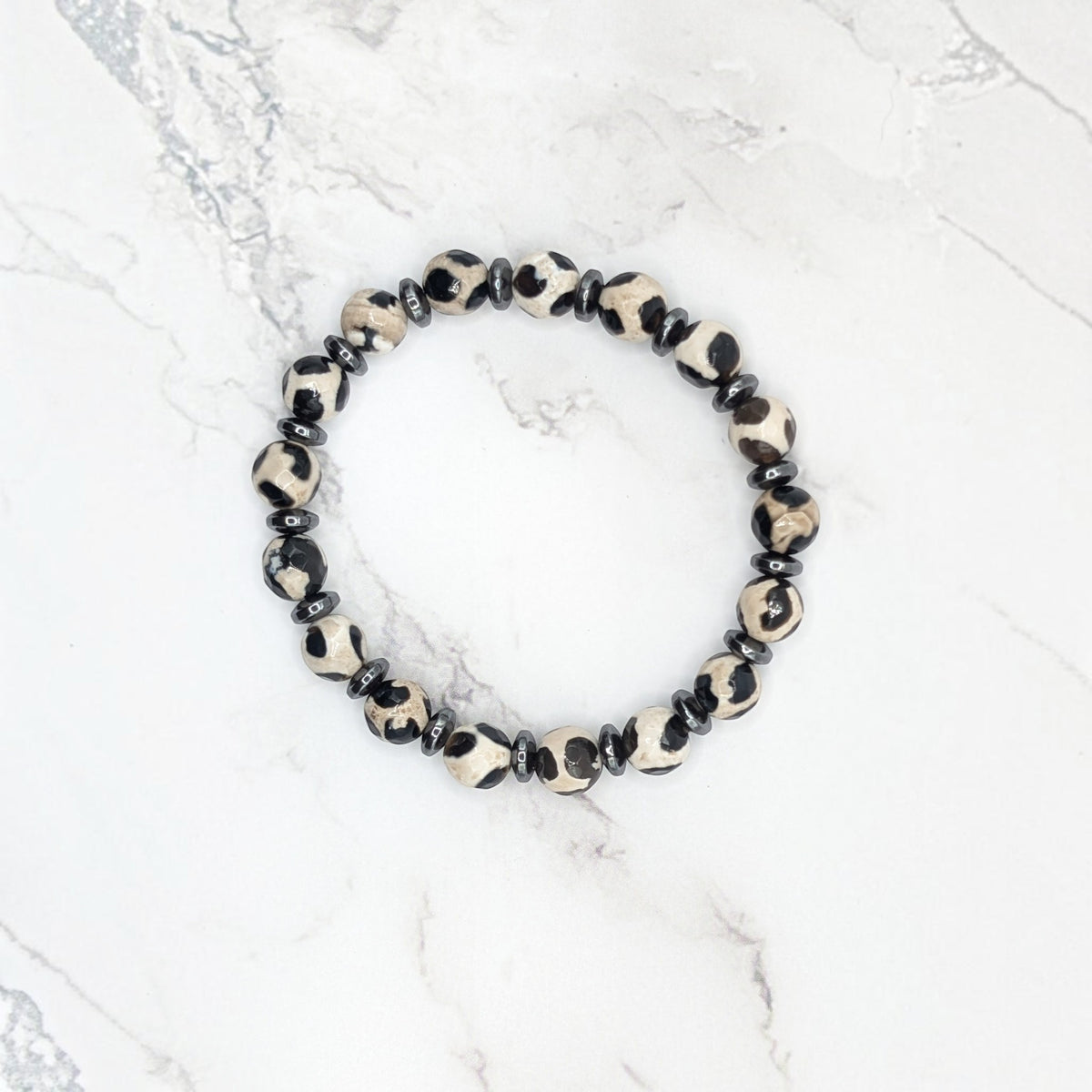 Tibetan Dzi-style Agate Bracelet — Hematite Spacers