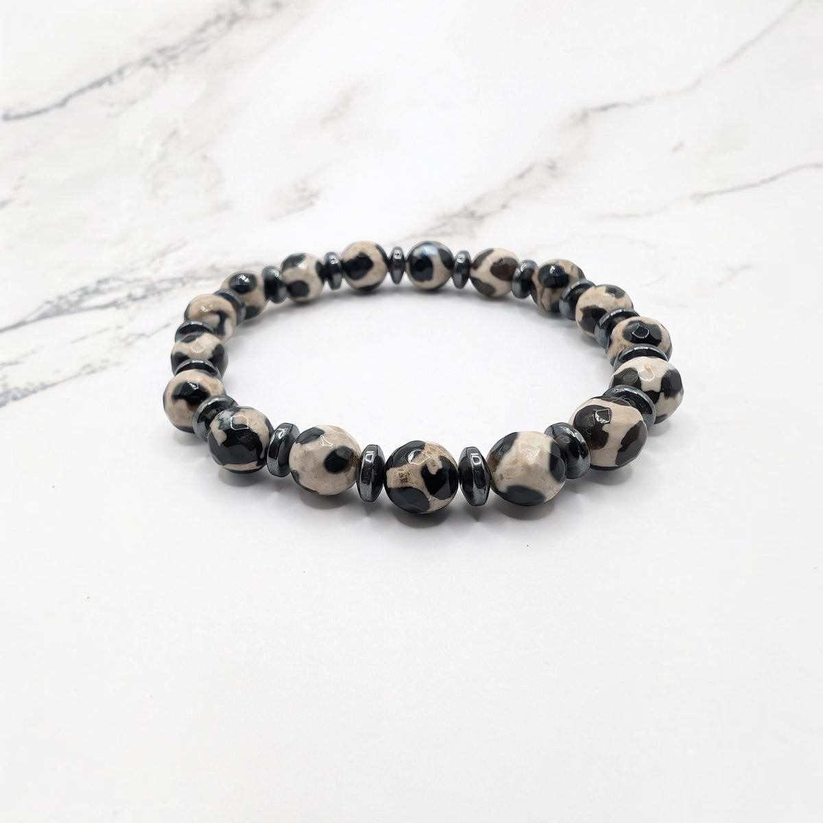 Tibetan Dzi-style Agate Bracelet — Hematite Spacers