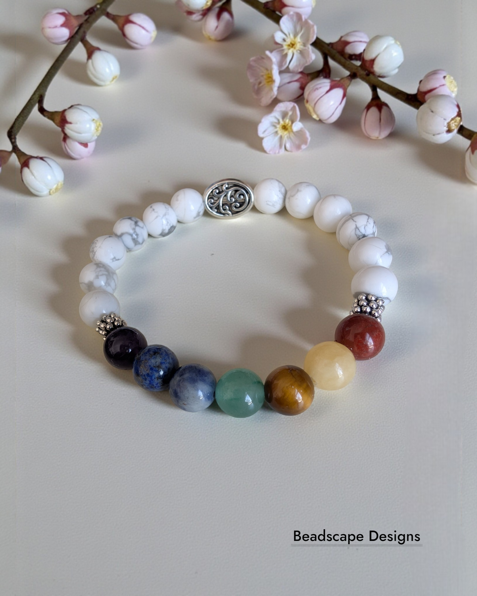 Handmade Chakra Bracelet with White Howlite, Silver Accents