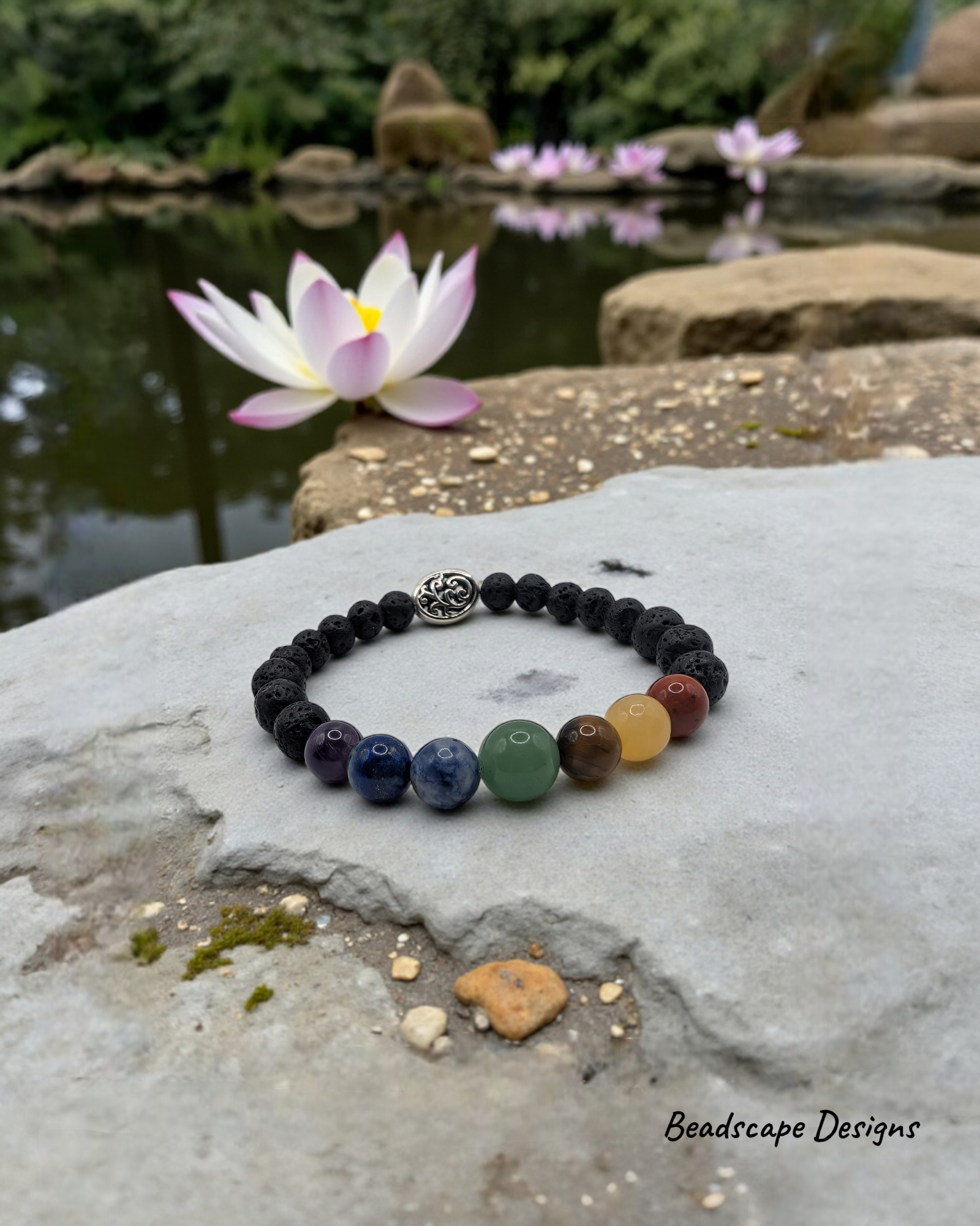 Chakra Bead Stretch Bracelet with Lava Beads and Silver Accent