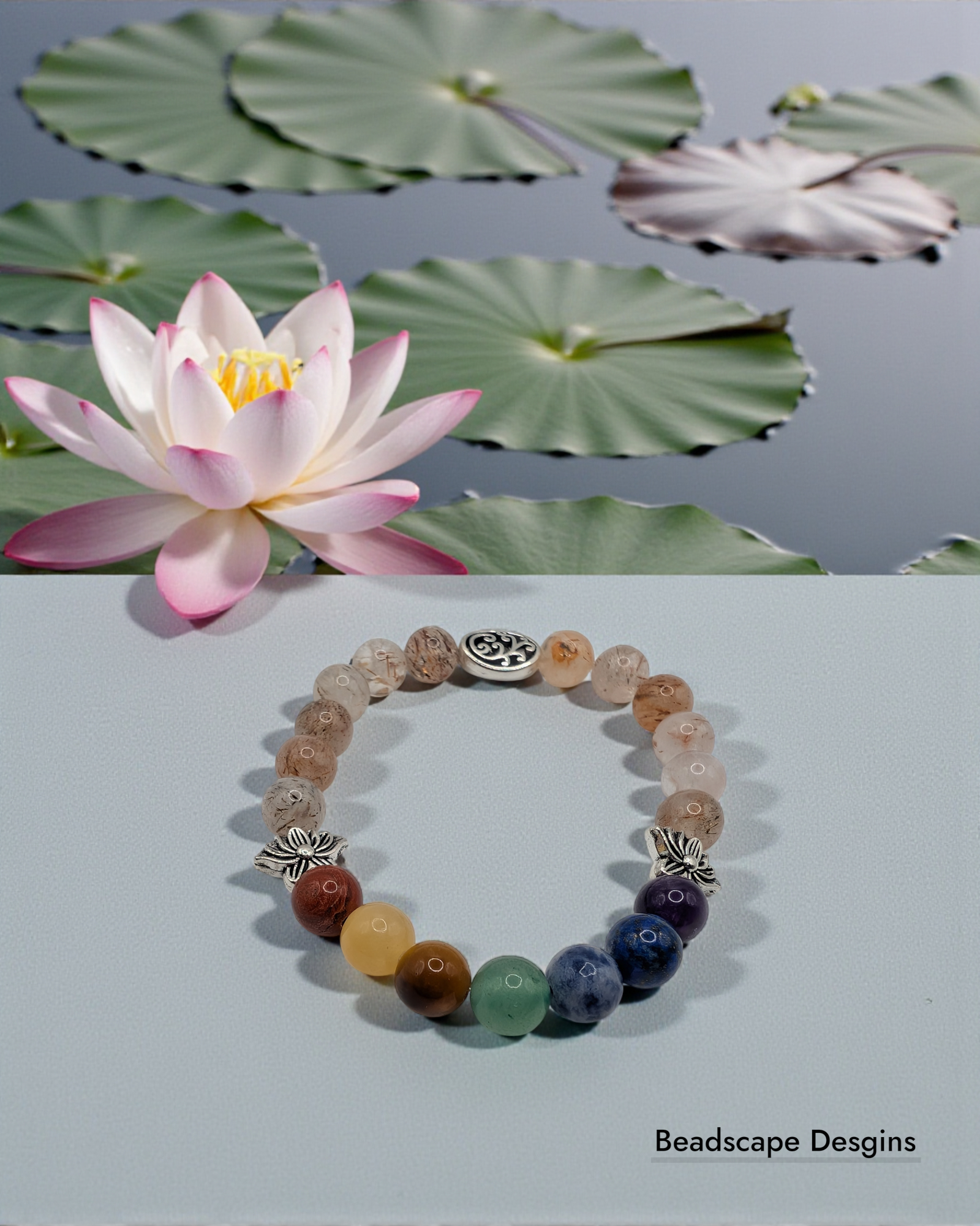 Handmade Chakra Bracelet, Sakura Agate and Silver Lotus Beads