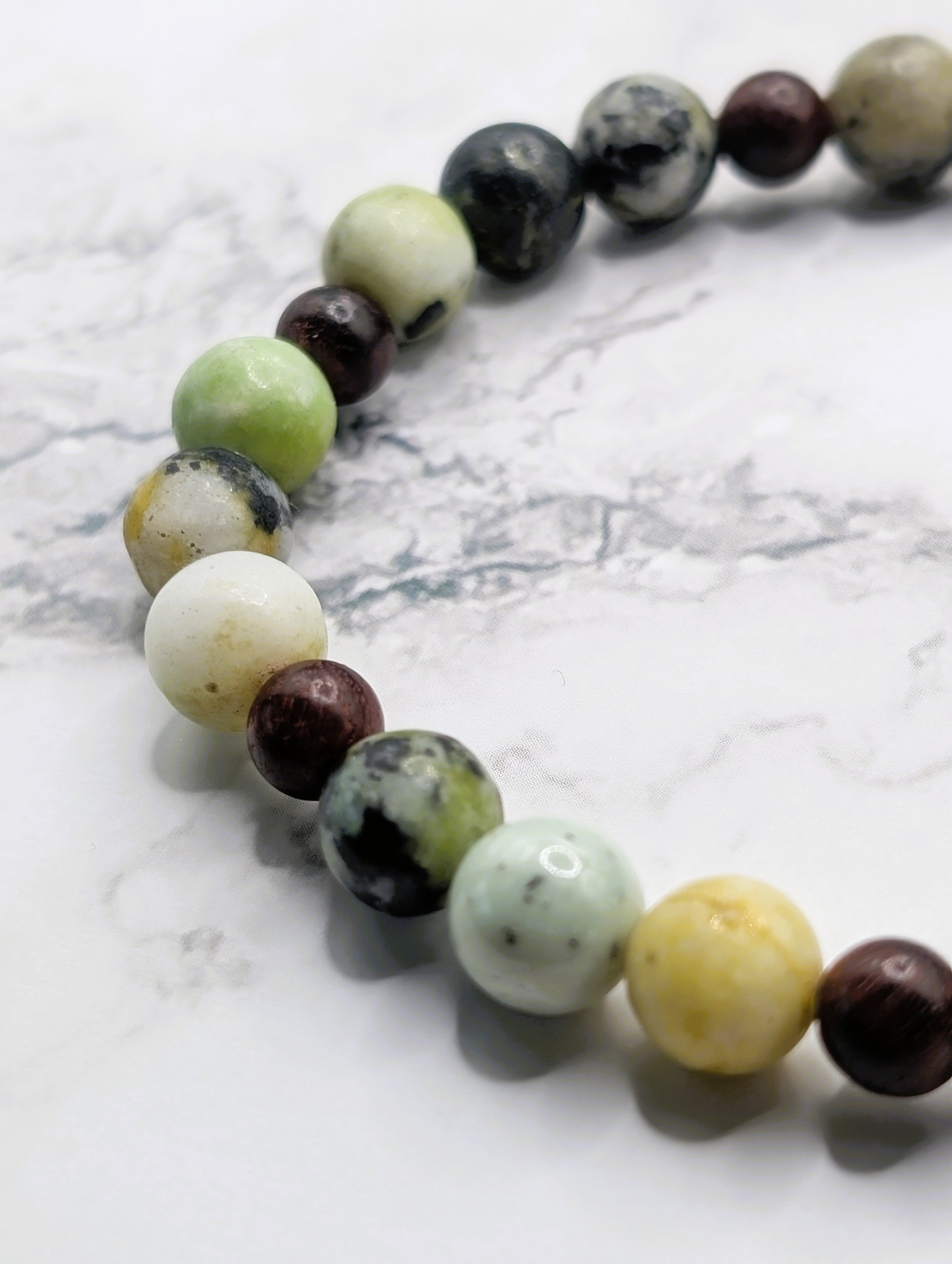 China chrysoprase wood accent stretch bracelet detail, natural gemstone jewelry