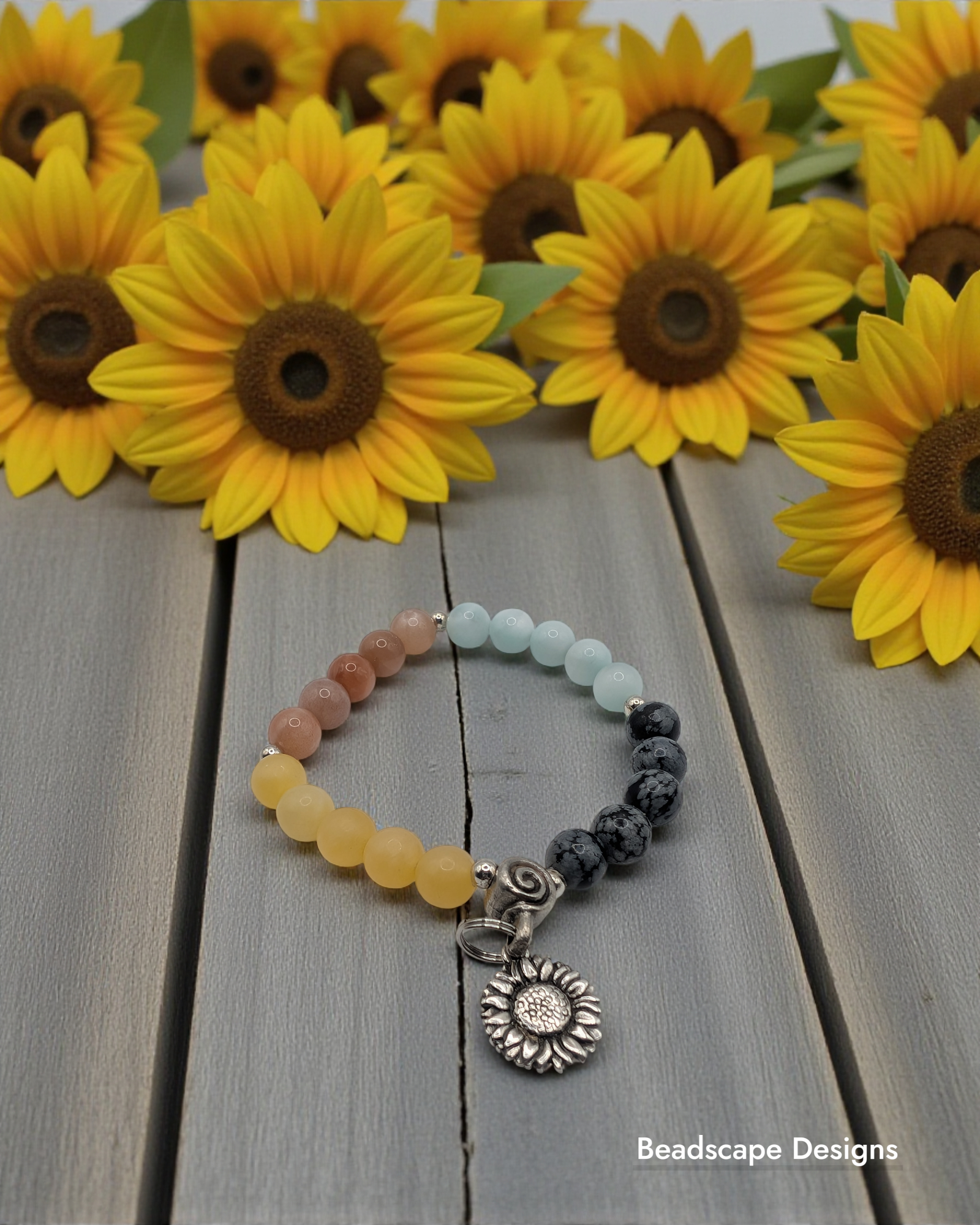 Four Gemstone Bracelet with Sunflower Charm - Handcrafted Natural Stone Bracelet