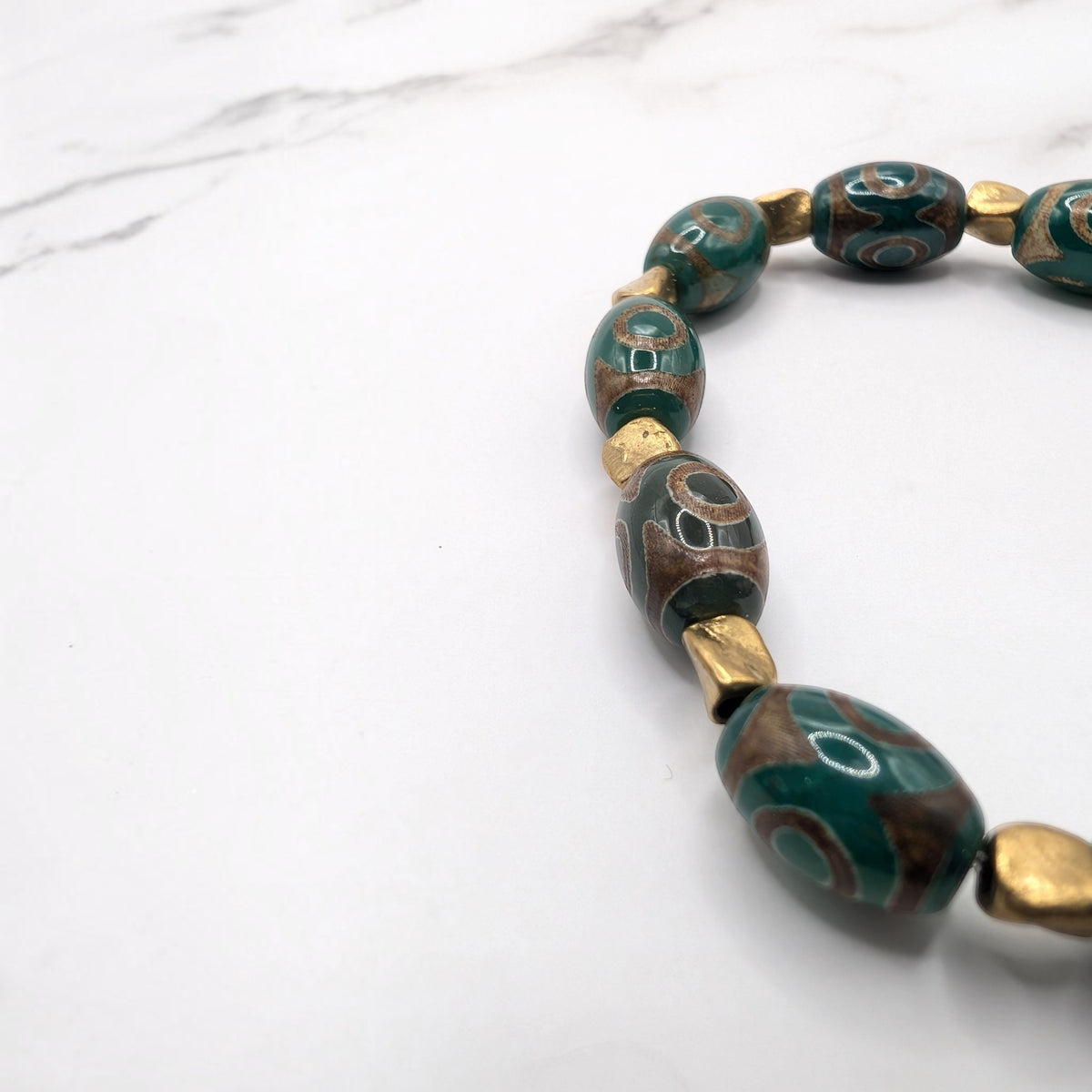 Tibetan Dzi-style Agate Bracelet — Dark Green & Brass