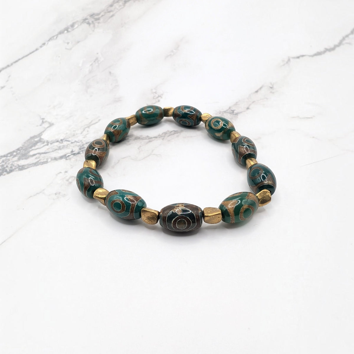 Tibetan Dzi-style Agate Bracelet — Dark Green & Brass
