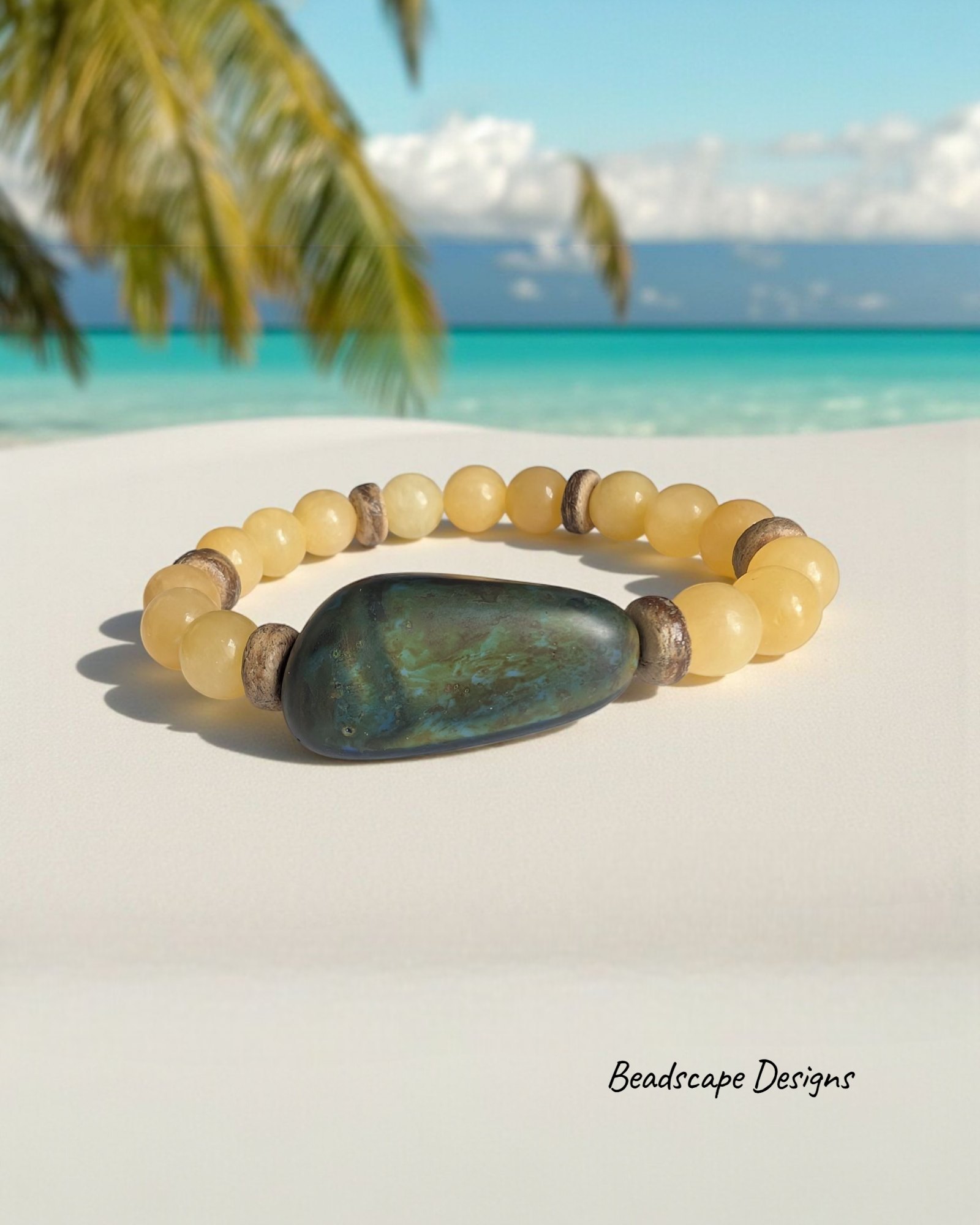 Honey Stone Stretch Bracelet with Czech Glass Nugget and Coconut Shell Accents