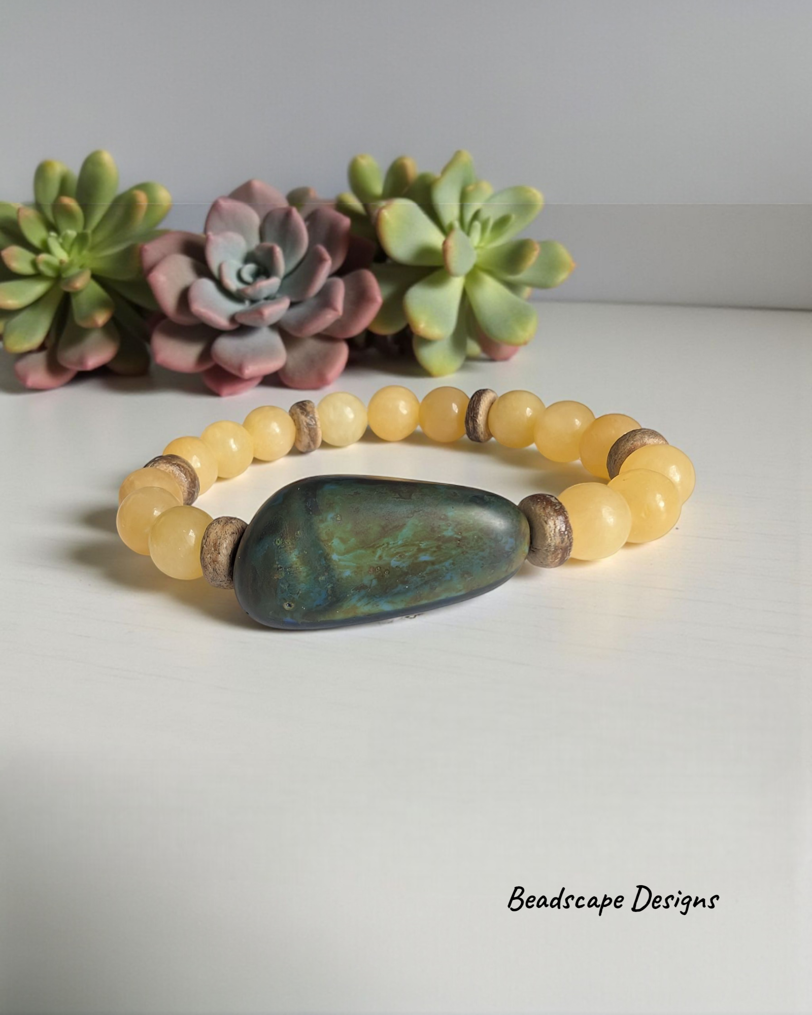 Honey Stone Stretch Bracelet with Czech Glass Nugget and Coconut Shell Accents