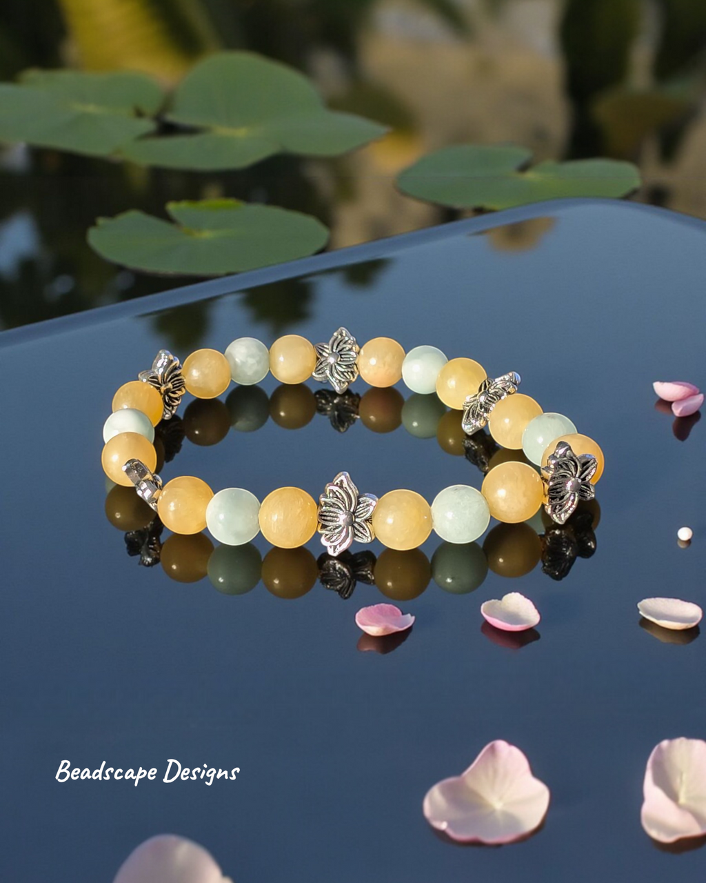 Honey Stone and Green Angelite Stretch Bracelet with Lotus Bead Accents