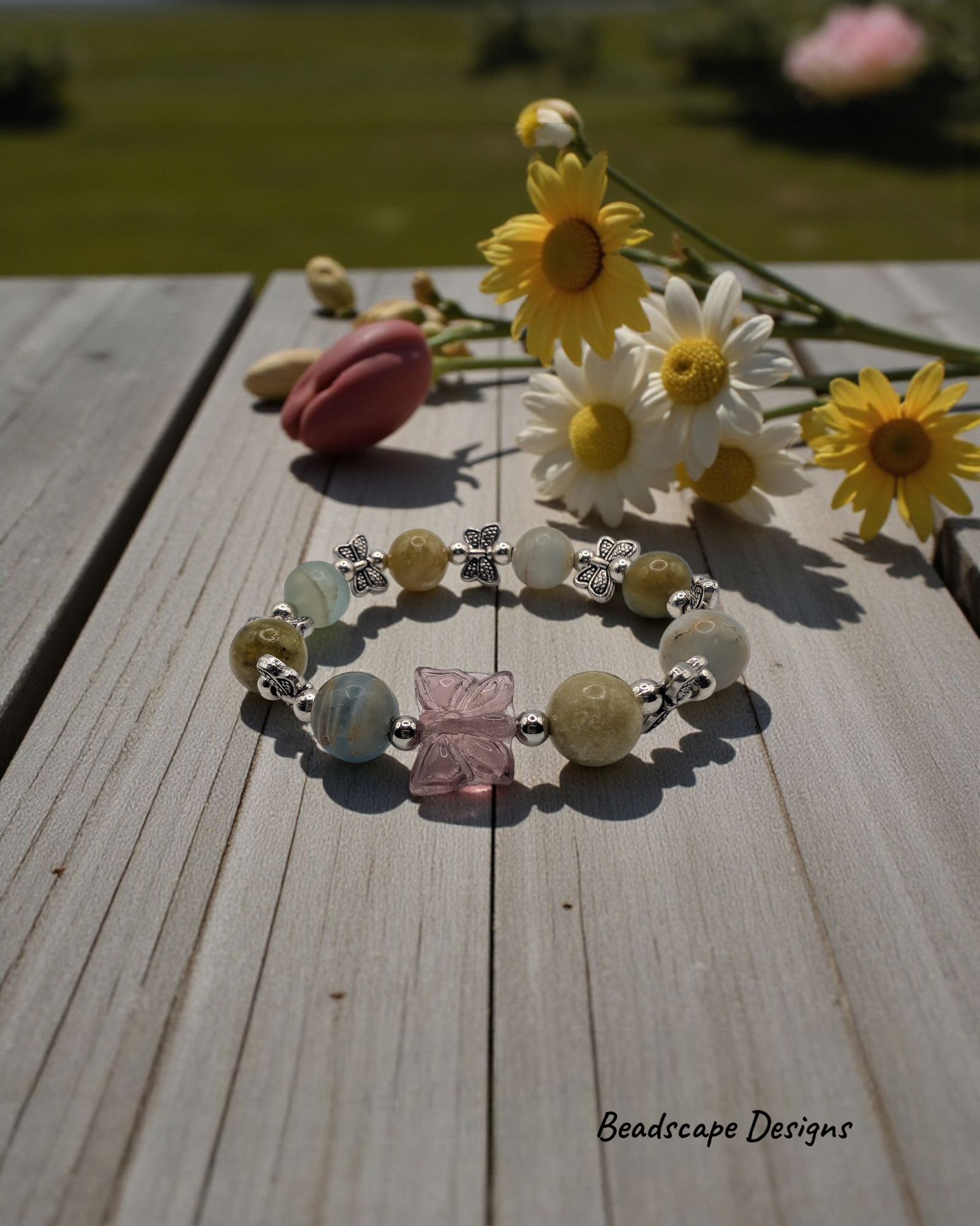 Olive Opal & Blue Calcite Stretch Bracelet with Czech Glass Butterfly