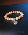 Peach Moonstone and Green Angelite Stretch Bracelet, Lotus Charm