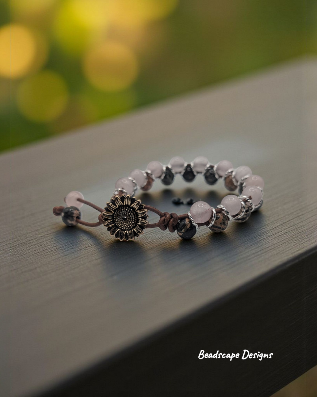 Rose Quartz and Mexican Red Snowflake Zig Zag Leather Bracelet with Sunflower Clasp
